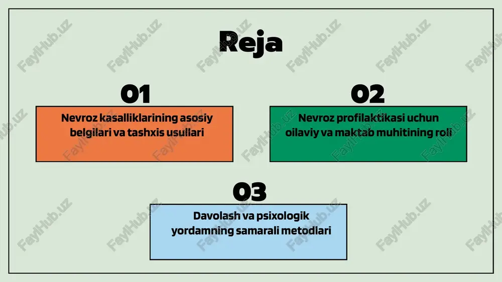 jtimoiy, o'qish va oilaviy hayotiga salbiy ta'sir ko'rsatadi. bu holatlar ularning rivojlanishi va farovonligiga xavf tug'diradi. bolalarda nevrozning ta'siri ularning ijtimoiy hayotiga sezilarli darajada ta'sir qiladi. ular odatda jamiyatga moslashishda muammolarga duch keladilar, do'stlar bilan muloqotda qo'rquv va izolyatsiya xavfi bilan yuzlashadilar. nevroz holatlari o'qish va o'qitish jarayoniga ham ta'sir qiladi. bolalar diqqatni jamlashda qiyinchiliklar, motivatsiya pasayishi va o'qish davomiyligining qisqarishi bilan yuzlashadilar, bu esa ularning akademik natijalarini pasaytiradi. oila va do'stlar bilan munosabatlarda nevroz stress, asabiylik va xafagarchilikni kuchaytiradi. bu holatlar munosabatlarni buzadi, oilaviy muhitni buzadi va bolalarning ruhiy barqarorligiga salbiy ta'sir qiladi. nevroz kasalliklarini oldini olish erta aniqlashda psixologik muhitni yaxshilash, stressni boshqarish va oilaviy, maktab muhitida strategiyalar muhim. bolalarda psixologik yordam va resurslardan foydalanish profilaktikani kuchaytiradi. jamiyat va ta'lim muassasalari bilan hamkorlikda, ota-onalar, o'qituvchilar va psixologlar bilan ishlash, nevroz xavfini kamaytiradigan treninglar o'tkazish muhimdir. oilaviy muhitning roli nevroz profilaktikasida oilaviy muhitning ahamiyati bolalarning ruhiy rivojlanishi va stressni …