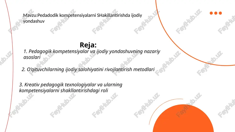 vojlantirish, raqamli savodxonlik va muammolarni hal qilish qobiliyatini oshirish, mustaqil va ijodiy qaror qabul qilishni qo'llab-quvvatlash. faol o'quv metodlari, baholash va reflektiv amaliyot orqali motivatsiya, adaptivlik va amaliy kompetensiyalar sezilarli darajada oshadi. ... t.me/slaydai_bot 4. loyihaga asoslangan ta'lim orqali pedagogik kompetensiyalarni rivojlantirish 1. loyihaga asoslangan ta'lim pedagogik kompetensiyalarni rivojlantiradi: rejalashtirish va dars loyihalashtirish 2. baholash va rubrikalar tuzish 3. talaba markazli yondashuv va motivatsiyani oshirish 4. jamoaviy ishlash va kommunikatsiya ko‘nikmalari 5. muammoni yechish va ijodiy fikrlash 6. raqamli texnologiyalarni integratsiya qilish 7. reflektiv amaliyot va o‘z-o‘zini baholash 8. jamiyat bilan hamkorlik va loyiha natijalarini tatbiq etish ... t.me/slaydai_bot muammoga yo'naltirilgan o'quv jarayoni o'quvchilarni real muammolarni aniqlash, tahlil qilish va hal etishga yo'naltiradi. bu yondashuv ijodiy fikrlash, mustaqil tadqiq etish va hamkorlikni rivojlantiradi. asosiy bosqichlar: 1) muammoni aniqlash; 2) ma'lumot yig'ish va tahlil; 3) yechim yaratish; 4) natijani baholash va refleksiya. pedagogik kompetensiyalarni shakllantirishda o'qituvchi scenariylar yaratib, yo‘l-yo‘riq beradi va …