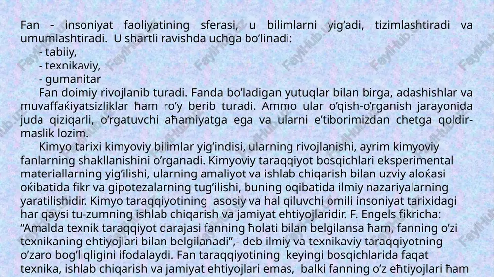 arning xar ќaysisi o’zi ishlab chiќќan vositalardan foydalanganligini qayd etishimiz kifoyadir. amaliy kimyo uzoќ sharќda, ћindistonda ћam ma’lum bo’lib, misr va yuno-nistondagidek rivojlangan edi. xitoyda esa porox va organik bo’yoq ishlab chiqarish yutuќlari ularni o’sha davr taraќќiyotining birinchi qatorlariga olib chiqqan edi. so’ngra alkimyo davri boshlandi, alkimyogarlarning ko’zlagan maќsadi oddiy metallarni asl nodir metallarga aylantirish ediki, buni yutuqlardan rastional foydalanishning dastlabki ko’rinishi deyish mumkin. xviii asr o’rtalari va oxirida pnevmokimyoning nazariy va amaliy tomonlari rivojlandi, flogiston nazariyasi vujudga keldi. kimyoviy jarayonlarni o’rganishda tajriba usullaridan foydalanish shakllandi. bu asrning oxiriga kelib a. lavuazening ishlari natijasida kimyo moddalarning tarkibini o’rganish uning asosiy mazmuni va moћiyati ekanligi ayon bo’ldi. yangi xix asrga kelib kimyo mustaќil fan sifatida shakllandi, hamda fizi-ka, matematika, mexanika fanlarining yutuќlaridan foydalangan xolda empirizmdan rastionalizmga o’ta boshladi. empirizm - bilimning yagona manbai ћissiyot natijasida tajribalar orkali yiѓilgan ilm deb sanaydi. bu bosќichda qaysi reakstiyalar qanday amalga oshdi deb kuzatiladi. rastionalizm …