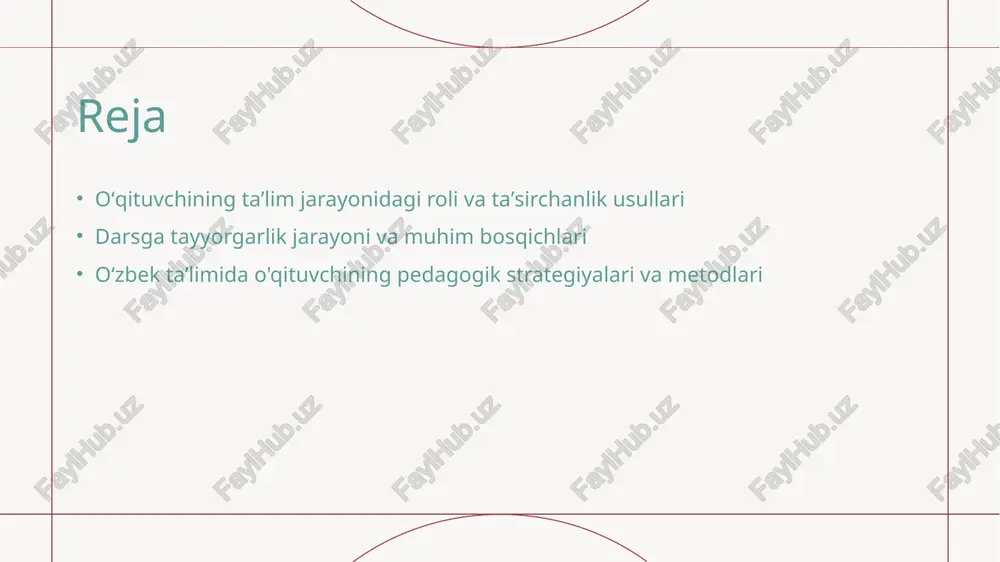 ositalar - zamonaviy texnologiyalar, masalan, interaktiv taxta va onlayn platformalar, kommunikatsiya imkoniyatlarini kengaytiradi va darsni qiziqarli qiladi. 4 eshitish va tushunish - eshitish va tushunishni rivojlantirish uchun, qiziqarli va tushunarli ifoda usullaridan foydalanish, talabalarning faol ishtirokini ta’minlaydi. oʻqituvchining ta'limdagi innovatsion strategiyalari va amaliyotlari innovatsion metodlar zamonaviy ta'limda texnologik yangiliklar va interaktiv usullardan foydalanish, o'quvchilarning qiziqishini oshiradi va o'qituvchining pedagogik imkoniyatlarini kengaytiradi. moslashuvchan ta'lim usullari har bir o'quvchi ehtiyojlariga moslashgan ta'lim strategiyalari, individual yondashuvlar va texnologiyalar yordamida o'rganishni samarali qiladi. ko'lamli texnologiyalar darslarda virtual sinflar, mobil ilovalar va onlayn resurslar qo'llash, ta'lim jarayonini yanada qiziqarli va interaktiv qilish imkonini beradi. oʻqituvchining talabalarga bo'lgan ta'siri va ularning rivojlanishi 1 oʻqituvchining taʼsirida rivojlanish oʻqituvchilar talabalarning fikrlash, muammo yechish va ijodkorlik qobiliyatlarini rivojlantiradi, ularning shaxsiy va professional o‘sishiga katta ta’sir ko‘rsatadi. 2 motivatsiya va ishonch ustozlarning motivatsion va qo‘llab-quvvatlovchi muhit yaratishi talabalarning o‘quv motivatsiyasini oshiradi, ularning o‘zlariga bo‘lgan ishonchini mustahkamlashga yordam beradi. 3 shaxsiy …