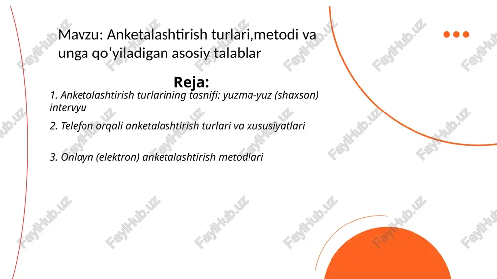 amaytirish, avtomatlashtirilgan maʼlumot yigʻish. cheklovlar: namunaviylik buzilishi, past javob darajasi, texnik xatoliklar, maʼlumot xavfsizligi va maxfiylik talablari. talablar: moslashuvchan dizayn, pilot sinov, respondent roziligi, anonimlik, validatsiya va maʼlumotlarni shifrlash. ... t.me/slaydai_bot 4. pochta va qogʻoz asosidagi anketalashtirish turlari pochta va qogʻoz asosidagi anketalar: pochta orqali yuboriladigan, oʻzi toʻldiriladigan va qoldirish/olib ketish turlari. afzalliklari: arzon, geografik qamrov va anonimlik. kamchiliklari: javob qaytishi past (odatda 10–30%), sekinlik, toʻldirish xatolari. talablar: qisqa va aniq savollar, aniq yoʻriqnoma, sodda dizayn, pilot sinov, namunani belgilash, incentivlar 1–2 marta va 2 ta eslatma yuborish tavsiya etiladi. ... t.me/slaydai_bot guruhlashgan va fokus‑guruh uslubidagi anketalashtirish kichik guruhlar fikrini chuqur o‘rganish usuli. moderator boshqaradi; odatda 6–12 ishtirokchi. sessiya 60–120 daqiqa davom etadi. savollar ochiq yoki yarimstrukturalangan; guruh dinamikasi yangi g‘oyalarni yuzaga chiqaradi. tayyorlash: maqsad aniqlash, savolnoma va moderatorni tayyorlash, ishtirokchilar tanlovi. maʼlumotlar kualitatif, baʼzan kodlash orqali miqdoriy analiz mumkin. etika: yozma rozilik, maxfiylik va biasni kamaytirish. ishonchlilik uchun triangulatsiya, …