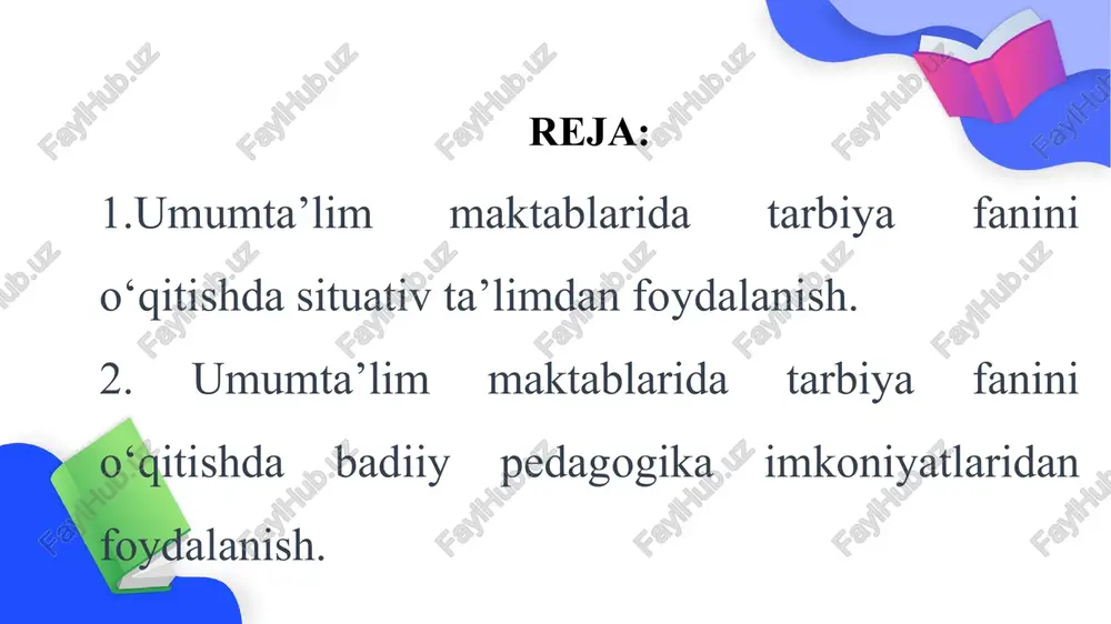 rda insoniy sifatlarni tarkib toptirish xulosa badiiy asarlarni o‘qib o‘rganish, tahlil qilishga yo‘llash orqali o‘quvchi yoshlarda kitobxonlik madaniyatini shakllantirishga erishiladi. estetik did shakllanadi, tanqidiy fikrlash salohiyatlari takomillashadi. globallashuv sharoitida xilma-xil axborotlar bosimi ta’siridagi yoshlarni “ommaviy madaniyat”ga qarshi yurtsevarlik, vatanparvarlik ruhida tarbiyalash imkoniyatlaridan foydalanishda badiiy pedagogikaning o‘mi va ta’siri beqiyosdir. badiiy asarlar orqali ijogkorlar o‘z kitobxonlarini hidoyat yo‘liga chorlaydi: insofga, poklikka, iymonga da’vat qilinadi. foydalanilgan adabiyotlar ro‘yxati xodjayev b.x. umumiy pedagogika nazariyasi va amaliyoti. darslik. _t., 2017. 2. ishmuhammedov r. va b. tarbiyada innovatsion texnologiyalar. o‘quv qo‘llanma. –t., 2010. 3. mirqosimova m. badiiy pedagogika. monografiya.-t., 2019. 4. yo‘ldoshev m. badiiy matn lingvopoetikasi. _t., 2008. e’tiboringiz uchun rahmat! image9.png image10.png image1.png image2.png image3.png image4.png image5.png image6.png image7.png image8.png image11.jpeg /docprops/thumbnail.jpeg