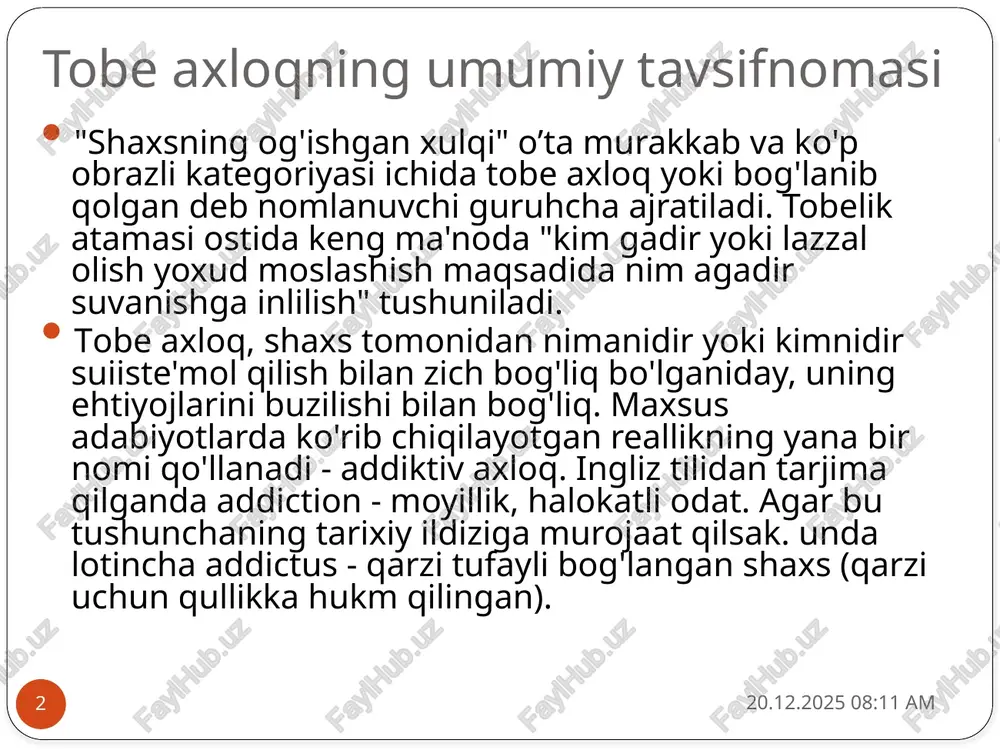 /m. transvestizm. eksbisionizm. vuayerizm. nekmliliya. sadomazoxizm ); diniy destruktiv axloq (diniy fanatlik, sektaga tortilish) sr 28.02.24 15:16 4 sr 28.02.24 15:22 5 qonun bilan ta'qiqlangan jinoiy jinsiy harakatlar .(jinsiy zo'ravonlik. fohishabozlik. bolalardan fovdalanish. yomon yo'lga kirish): • jinsiy deviasiya (hayvonlar bilan jinsiy aloqa. sadoma.oxizm. fetish-seks va h.k.): • marginal axloq (promiskuitet. nudizm. gomoseksualizm): • umumqabul qilingan jinsiy axloq (katta odamlarning o'zaro xohish bo'yicha geterojinsiy axloqi). axloq motivasivasi bog'lanib qolishning turli bosqichlarida turlichadir. giyohvand moddalarga tobe bo'lib qolishning shakllanish jarayoni quyidagi bosqichlarga ega bo'lishi mumkin: dastlab yoshlar submadaniyati ta'siri ostida epizodik iste'mol, ijobiy hissiyotlar va saqlangan nazorat fonida giyohvand moddalar bilan tanishuv sodir bo'ladi. 2. sekin-asta nisbiy saqlangan nazorat bilan iste'molning turg'un individual ritmi shakllanadi. bu bosqich ko'pincha qachonki ob'ekt haqiqatan uzoq davom etmaydigan muddatga psixojismoniy holatni yaxshilashga yordam bersa. psixologik bog'liqlik bosqichi deb ataladi. sekin-asta giyohvand moddalarning kattaroq dozalariga o'rganish sodir bo'ladi. shu bilan bir vaqtning o'zida ijtimoiy-psixologik muammolar yig'iladi …
