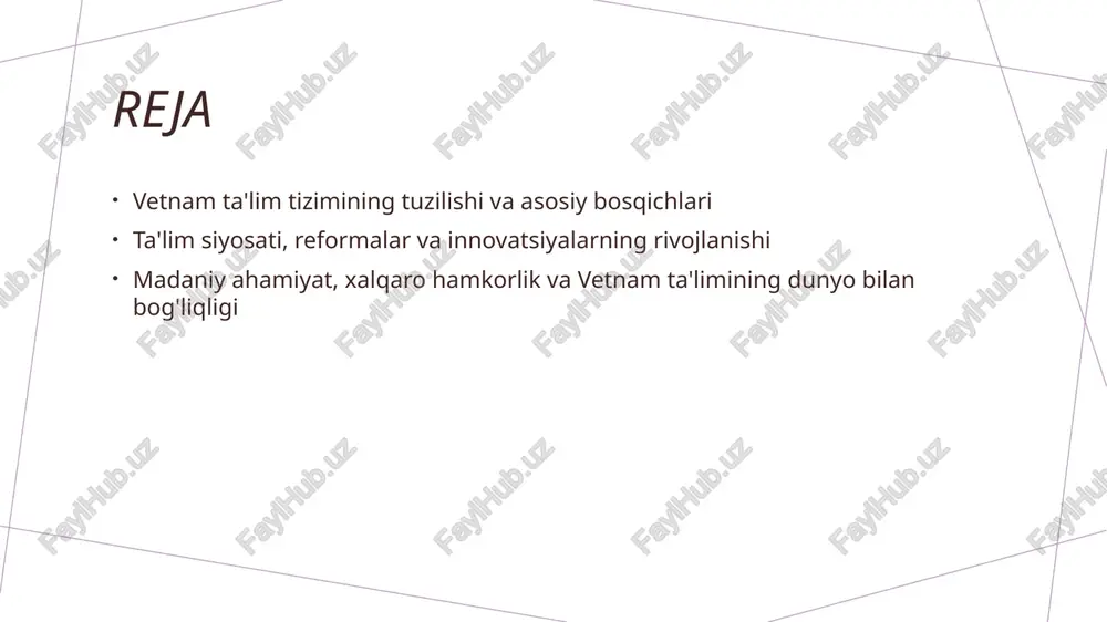 ni bajaradi. 02 bosqichlarning xususiyatlari har bir bosqichda o'qitish metodlari va mazmuni farq qiladi. masalan, boshlang'ichda asosiy bilimlar, o'rta ta'limda fanlar va oliy ta'limda maxsus mutaxassislik rivojlanadi. 03 amaliy ahamiyati ushbu bosqichlar iqtisodiyot va jamiyat rivojida muhim rol o'ynaydi. ular yoshlar uchun malakali mutaxassislar tayyorlash va madaniy rivojlanishni ta'minlaydi. vetnam ta'lim siyosatining rivojlanishi va asosiy maqsadlari 1 ta'lim siyosatining rivojlanish bosqichlari vietnamda ta'lim siyosati 20-asr boshlaridan boshlab modernizatsiya va kengayish jarayonlarini boshdan kechirgan, 1986 yildan boshlab iqtisodiy va ijtimoiy islohotlar bilan yangi rivojlanish bosqichiga o'tdi. 2 asosiy maqsadlar va yo'nalishlar ta'lim siyosatining asosiy maqsadi sifatli ta'limga erishish, teng imkoniyatlarni ta'minlash va mamlakatni innovatsion rivojlanishga tayyorlashdir, shuningdek, xalqaro standartlarga moslashish. 3 rivojlanish va yangilanish tendensiyalari siyosatdagi yangiliklar texnologik innovatsiyalar, xalqaro hamkorlik va milliy madaniyatga asoslangan ta'limni rivojlantirishga qaratilgan, bu esa ta'lim tizimining global integratsiyasini ta'minlaydi. ta'lim reformalarining bosqichlari va ularning ta'lim tizimiga ta'siri 1 ta'lim reformalarining bosqichlari vietnamda ta'lim reformalari 20-asr …