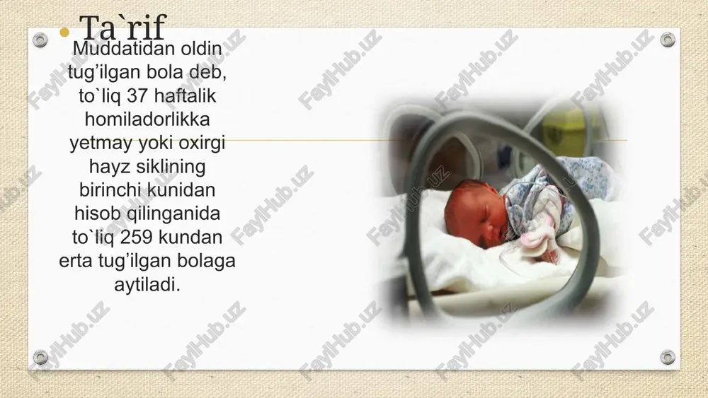 5%) reanimatsiya zaruratini aniqlash uchun beriladigan 3 savol: chaqaloq muddatidan oldin tug‘ildimi? chaqaloqning mushak tonusi pastmi? chaqaloq yig‘lamayaptimi yoki yomon nafas olyaptimi? qaysi yangi tug‘ilgan chaqaloqlarga reanimatsiya zarur? orqa, tana va oyoq-qo‘llarni qisqa va yengil uqalash oyoq tagini 2-3 marta yengil bosib qo‘yish chaqaloqni silkitish taqiqlanadi haddan ortiq kuchli stimulyatsiya taqiqlanadi good  bad  yurak urish tezligini erta baholash nafas olishni baholash yangi tug‘ilgan chaqaloq reanimatsiyasining samaradorligini baholash uchun eng yaxshi ko‘rsatkich: yangi tug’ulgan chaqaloqni pulsini kindik yoki yelka arteriyasidan ko’riladi. auskultatsiya (stetoskop orqali eshitish)!! yurak urish tezligini 6 soniya davomida sanang va daqiqadagi yurak urish sonini hisoblash uchun 10 ga ko‘paytiring. yurak urishi tezligiga qarab stolni (yoki karavotni) barmoq bilan yengil bosib sanang va guruh a’zolariga bildiring. noaniq holatlarda tezkor spo₂ yoki ekg monitoridan foydalaning. yangi tug‘ilgan chaqaloqni bazaviy reanimatsiya qilishning xususiyatlari monitoring og‘iz > burun tartibida aspiratsiya qilish sprinsovka bilan aspiratsiya (bulb syringe) zarur bo‘lsa, ijobiy bosimli …