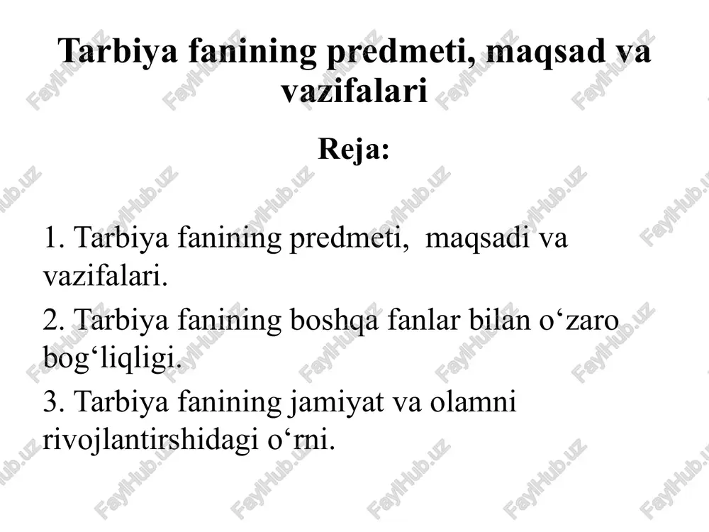 xi. 4. milliy istiqlol g‘oyasi va ma’naviyat asoslari. 5. tarbiya. tarbiya fanining metodologik asoslari ta’lim-tarbiyaga oid me’yoriy hujjatlar; tarbiya asoslari va manbalari; tarbiya qonuniyatlari, metodlari va texnologiyalari; tarbiyaning amaliy masalalari. aynan mazkur asoslar o‘quv fanining negizini tashkil etadi. “tarbiya” fanining asosiy tamoyillari milliy va umuminsoniy qadriyatlarning ustivorligi. ongli vatanparvarlik ruhini rivojlantirish. fanga oid zamonaviy ilmiy tadqiqotlarga asoslanish. ochiqlik va shaffoflik. tarbiya sohasiga oid tashabbuslarni qo‘llab –quvvatlash va rag‘batlantirish. mazkur konsepsiya o‘zbekiston respublikasining konstitutsiyasi, o‘zbekiston respublikasining “ta’lim to‘g‘risida”gi, “yoshlarga oid davlat siyosati to‘g‘risida”gi qonunlari, xalqaro huquqning umume’tirof etilgan hujjatlari, xususan “bola huquqlari to‘g‘risida”gi, “bola huquqlarining kafolatlari to‘g‘risida”gi konvensiyalar, birlashgan millatlar tashkilotining “yoshlar-2030” strategiyasi hamda o‘zbekiston respublikasining ta’lim to‘g‘risidagi qonun konsepsiyada belgilangan vazifalar o‘zbekiston respublikasini rivojlantirishning beshta ustuvor yo‘nalishi bo‘yicha harakatlar strategiyasi talablari, uzluksiz ma’naviy tarbiya konsepsiyasi, milliy va jahondagi ilg‘or tajribalar, mamlakatimizdagi ijtimoiy-siyosiy o‘zgarishlar bilan uyg‘un ravishda amalga oshiriladi. tarbiyaning o‘ziga xos xususiyatlari 1. aniq maqsadga qaratilgan jarayon. 2. tarbiyaning turlari. …