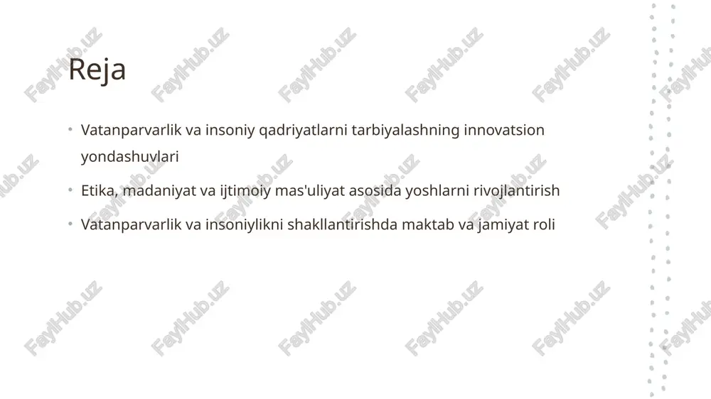 lliy ruhda tarbiyalash va vatanparvarlikni mustahkamlashga yordam beradi. 03 ijtimoiy loyiha va tadbirlar maktab va jamiyat hamkorligida o'tkaziladigan ijtimoiy loyihalar, festivallar va aksiyalar orqali yoshlar insoniylik va ijtimoiy mas'uliyatni his qilishadi. 04 o'qituvchilar va ota-onalar o'qituvchilar va ota-onalar o'rtasidagi yaqindan hamkorlik, yoshlarning shaxsiy va ijtimoiy rivojlanishini ta'minlab, vatanparvarlikni chuqurlashtiradi. etika asosida yoshlarni rivojlantirish: insoniylik va vatanparvarlik qadriyatlari. 01 insoniylik qadriyatlari insoniylik qadriyatlari yoshlarning mehr-oqibat, adolat va halollik kabi asosiy tamoyillarni anglashiga yordam beradi, bu esa ularning shaxsiy rivojlanishini ta'minlaydi. 02 vatanparvarlik va etik etika asosida vatanparvarlik yoshlarni milliy g'urur, mas'uliyat va halollik bilan tarbiyalash orqali ularni mamlakatga bo'lgan muhabbat va sadoqatga o'rgatadi. 03 axloqiy muhit yaratish axloqiy muhitda tarbiyalash yoshlarning ijtimoiy mas'uliyatini rivojlantiradi, ularni haqiqiy insoniylik va vatanparvarlik qadriyatlariga sodiq bo'lishga undaydi. madaniyat va milliy an'analar orqali yoshlar ongini shakllantirish. madaniy merosning ahamiyati milliy an'analarning roli madaniyat orqali ongni rivojlantirish madaniy an'analar yoshlar ongini vatanparvarlik va insoniy qadriyatlar bilan boyitadi, …