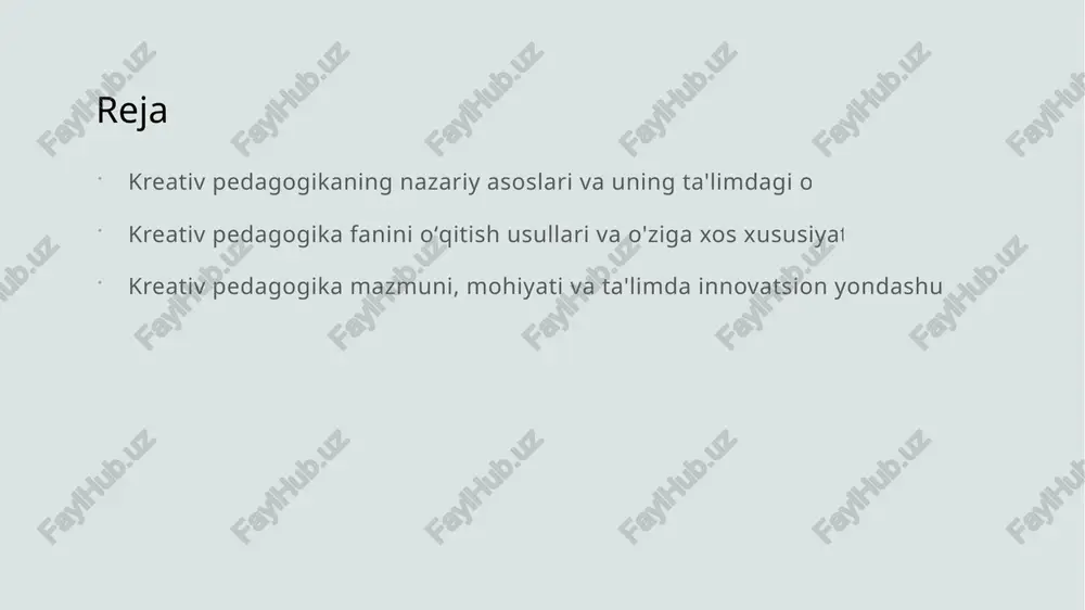 a nazariyasining tarixiy rivojlanishi va zamonaviy ta'limda qo'llanilishi 1 kreativ pedagogika tarixining boshlanishi kreativ pedagogika nazariyasi xx asr boshlarida pedagogik innovatsiyalar va ijodiy yondashuvlar rivojlanishi bilan paydo bo‘ldi, asosiy maqsad fikrlashni rivojlantirish edi. 2 asosiy rivojlanish davrlari 1960-1970-yillarda pedagogik amaliyotda ijodiy yondashuvlar keng tarqala boshladi, ularning nazariy asoslari ishlab chiqildi va turli mamlakatlarda qo‘llanildi. 3 zamonaviy qo‘llanilishlar hozirgi zamonda kreativ pedagogika innovatsion texnologiyalar va metodlarni integratsiya qilish orqali ta'lim sifatini oshirish uchun keng qo‘llaniladi, masalan, loyiha asosidagi o‘qitish. 4 tarixiy ahamiyati va rivojlanishi bu nazariya ta'limda ijodkorlikni rivojlantirishga katta ta'sir ko‘rsatdi, pedagoglar va talabalarning fikrlash va muammo yechish qobiliyatlarini oshirishda muhim rol o‘ynaydi. kreativ pedagogika usullarining nazariy asoslari va ularning ta'limdagi o'rni kreativ pedagogika usullarining nazariy asoslari ta'limdagi o‘rin va ahamiyati amaliy yondashuvlar va metodlar bu usullar kreativ pedagogikaning asosiy prinsip va konseptlariga tayanadi, fikrlashni rivojlantirish va innovatsion ta'lim usullarini qo‘llashga asoslanadi. kreativ pedagogika usullari ta'lim jarayonini qiziqarli va samarali …