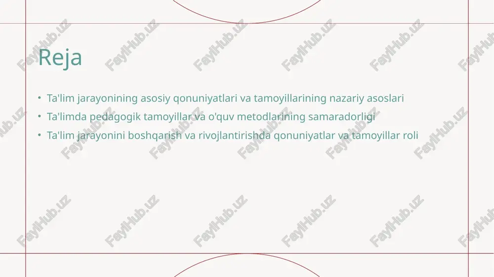 sifatini oshiradi va boshqaruvni soddalashtiradi. 3 amaliy qo'llanilishi - qonuniyatlar va tamoyillar amaliyotda o'quv jarayonini tartibga soladi, individual va jamoaviy o'qishni samarali tashkil etishga yordam beradi. 4 rivojlanish va istiqbollar - ta'lim qonuniyatlari va tamoyillari rivojlanib borayotgan pedagogik bilimlar bilan moslashadi, zamonaviy texnologiyalar va metodlarni integratsiya qilish imkonini beradi. ta'lim qonuniyatlarining amaliy qo'llanilishi va rivojlanish istiqbollari 01 amaliy qo‘llash imkoniyatlari ta'lim qonuniyatlari amaliyotda turli pedagogik metodlar va texnologiyalar yordamida qo‘llaniladi, bu esa o‘quvchilarning o‘rganish samaradorligini oshiradi. 02 rivojlanish istiqbollari ta'lim qonuniyatlarining rivojlanishi ta'lim sohasida yangi yondashuvlar va texnologiyalar bilan bog‘liq bo‘lib, zamonaviy pedagogik tadqiqotlar bilan rivojlanmoqda. 03 innovatsion yondashuvlar innovatsion pedagogik metodlar va texnologiyalar, masalan, onlayn ta'lim va interaktiv o‘quv dasturlari, qonuniyatlarning amaliy qo‘llanilishini kengaytiradi va rivojlantiradi. ta'lim jarayonining pedagogik tamoyillarining nazariy asoslari 01 ta'lim tamoyillarining nazariy asoslari ta'lim tamoyillari pedagogik nazariyalar va pedagogik psychologiya asosida quriladi, ular o'quv jarayonini samarali va maqsadga muvofiq tashkil etishga yordam beradi. 02 o'qitish …