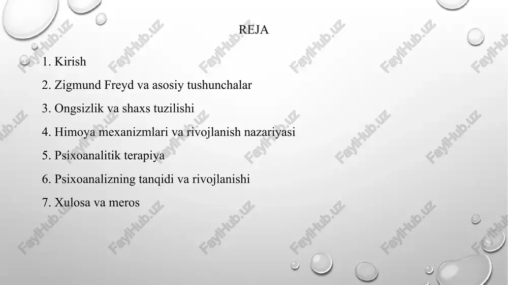 ilishi (id, ego, superego), psixodinamik jarayonlar (energiya, intilishlar), himoya mexanizmlari, psixoseksual rivojlanish bosqichlari, orzular, siqib chiqarish (repressiya), o'tkazish (transfer) va qarshi o'tkazish (kontrtransfer) kiradi. bu tushunchalar inson ruhiyatining dinamik tabiatini va ongsiz kuchlarning xulq-atvorga ta'sirini tushuntirish uchun ishlab chiqilgan. psixoanalizga ko'ra, ichki ziddiyatlar va ongsiz istaklar ruhiy muammolarning asosiy sababidir. ongsizlik va uning ahamiyati ongsizlik — bu psixoanalizning markaziy tushunchalaridan biridir. freyd ongsizlikni aysbergning suv ostidagi qismiga o'xshatgan, u ongli va ongoldi (preconscious) qismlardan ancha katta va chuqurroqdir. ongsizlikka bizning siqib chiqarilgan, qabul qilinmagan istaklarimiz, qo'rquvlarimiz, travmatik xotiralarimiz va biologik intilishlarimiz (ayniqsa, jinsiy va agressiv) joylashgan. bu kontent ongli ong tomonidan to'g'ridan-to'g'ri qabul qilinmaydi, ammo u tushlar, til sirg'anishlari (freydcha xatolar), nevrotik simptomlar va ijodiy faoliyat orqali o'zini namoyon qilishi mumkin. psixoanalizning maqsadi ongsizlikdagi bu yashirin materiallarni ongga olib chiqib, ularni qayta ishlashdan iboratdir. shaxs tuzilishi: id, ego, superego freyd inson shaxsiyatini uchta asosiy qismdan iborat deb tushuntirgan: id, ego …