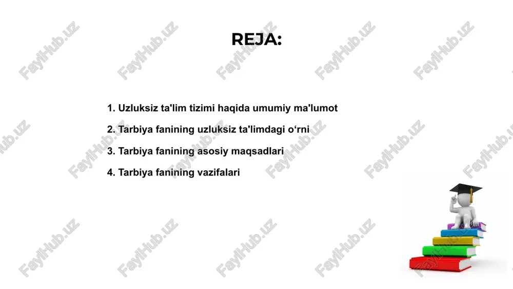 fanning asosiy maqsadi – barkamol shaxsni tarbiyalashdir. 1. 2. 4. fan yoshlarning bilim, ko‘nikma va malakalarini shakllantirib, ularni vatanga sodiq, milliy qadriyatlarga sadoqatli, mehnatsevar insonlar qilib tarbiyalashga xizmat qiladi. tarbiya fani vazifalari ichiga o‘quvchining mustaqil fikrlashi, ijtimoiy faolligi hamda axloqiy mas’uliyatini oshirishga doir faoliyatlarni rejalashtirish kiradi. ta'lim va tarbiyaning o‘zaro bog‘liqligi 01. 02. 03. uzluksiz ta'lim tizimida tarbiya fani yosh avlodni har tomonlama rivojlantirish, ularni barkamol shaxs sifatida shakllantirishda muhim o‘rin egallaydi. ta'lim va tarbiya bir-birini to‘ldiradi, chunki bilim bilan birga axloqiy, ijtimoiy, madaniy qadriyatlarni singdirish ham muhim hisoblanadi. tarbiya fanining vazifasi - o‘quvchilarni mustaqil fikrlaydigan, ijtimoiy faollikka ega bo‘lgan, ma'suliyatli fuqarolar sifatida tarbiyalashdir. zamonaviy tarbiya yondashuvlari uzluksiz ta'lim tizimida tarbiya fanining asosiy maqsadi yosh avlodni ijtimoiy hayotga tayyorlash, bilim va ko'nikmalarini shakllantirishdan iboratdir. tarbiya fanining dolzarb vazifalaridan biri - shaxsda ma'naviy, axloqiy qadriyatlarni shakllantirib, sog'lom fikrlovchi avlodni tarbiyalashdir. zamonaviy tarbiya yondashuvlari innovatsion uslublarga asoslanib, interfaol metodlar orqali o'quvchilar bilimini …
