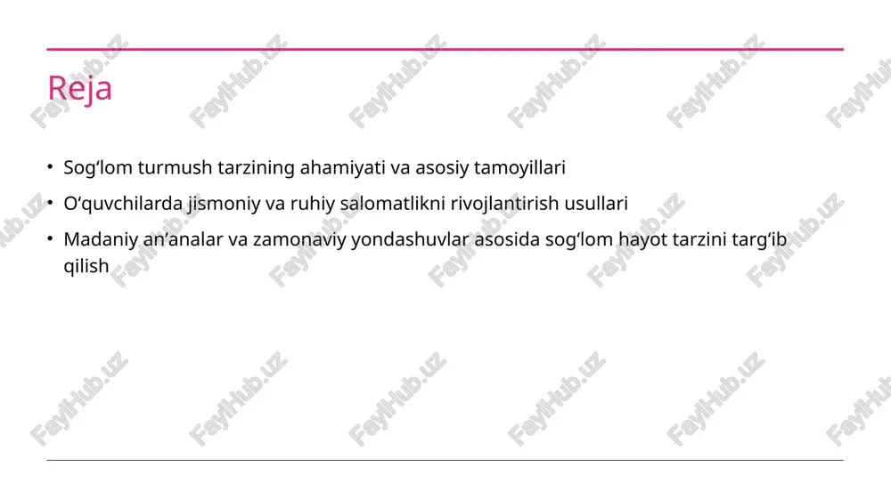 meva, sabzavot va to‘liq donli mahsulotlarni asosiy dietaga kiritish, shuningdek, shakar va yog‘ni kamaytirish ruhiy va jismoniy salomatlikni mustahkamlash uchun muhimdir. madaniy anʼanalar bilan zamonaviy sogʻlom turmush tarzini uygʻunlashtirish madaniy anʼanalar va sogʻlom turmush oʻzbek madaniyatida sogʻlom turmush tarzining asosiy anʼanalari, masalan, toʻy, ramazon va bayramlar, jismoniy va ruhiy sogʻlomlikni mustahkamlashda muhimdir. zamonaviy texnologiyalar va anʼanalar zamonaviy texnologiyalar, masalan, fitness ilovalari va onlayn kurslar, anʼanaviy sogʻlomlashtirish usullari bilan uygʻunlashib, yoshlar uchun qulay imkoniyatlar yaratadi. anʼanaviy sport va jismoniy faoliyat oʻzbek milliy sport turlari, masalan, kurash va otish, yoshlar orasida sogʻlom turmush tarzini rivojlantirishda anʼanaviy va zamonaviy yondashuvlarni qoʻshib ishlatadi. madaniy meros va sogʻlom hayot tarixiy va madaniy meros, masalan, qadimiy darslar va urf-odatlar, yoshlar orasida sogʻlom hayot tarzi va ongli turmush tarzini shakllantirishda muhim rol oʻynaydi. oʻquvchilarda jismoniy faollikni ragʻbatlantirish usullari 1 maktab ichida harakatni oshirish maktablarda jismoniy mashgʻulotlar va qisqa yurishlar tashkil etish, o‘quvchilarning harakat faoliyatini ko‘paytirishga yordam beradi, …