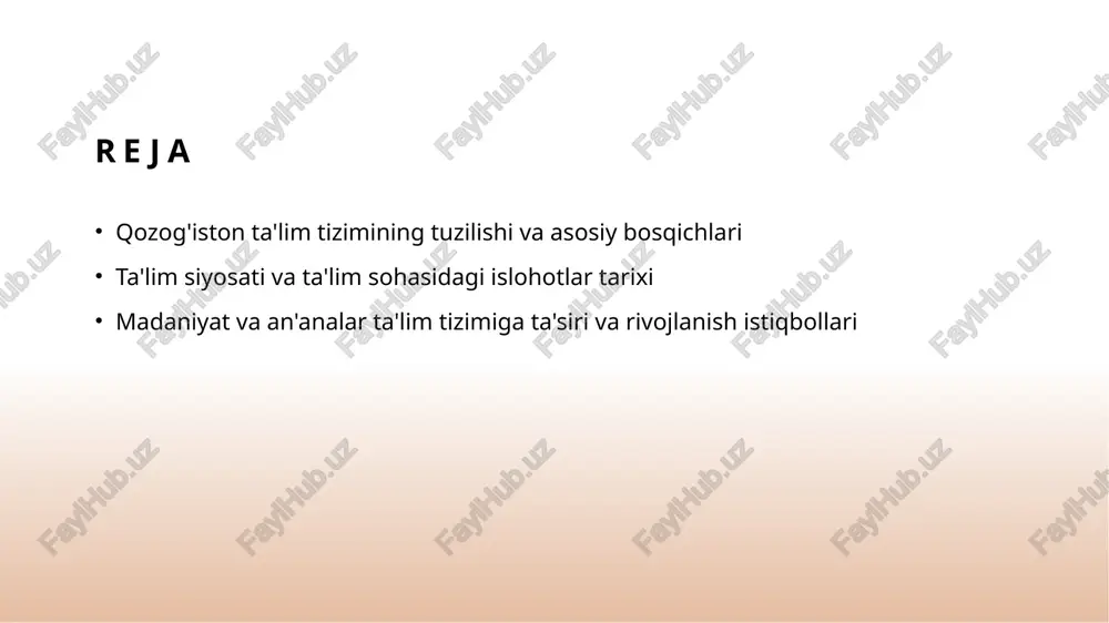 kelajak istiqbollari va rivojlanish yo‘nalishlari rivojlanish istiqbollari innovatsion pedagogika, xalqaro hamkorlik va mutaxassis tayyorlashda. ta'lim tizimi har doim jamiyat ehtiyojlariga moslashib boradi. qozog'iston ta'lim siyosatining rivojlanish tarixiga umumiy ko‘rinish 1 ta'lim siyosatining boshlanishi qozog'istonda ta'lim siyosati sovet davrida markaziy boshqaruv va standartlashtirish asosida shakllandi, keyinchalik milliy o'zlik va rivojlanishga yo'naltirildi. 2 mustaqillik davridagi o'zgarishlar 1991 yildan boshlab, mustaqillik bilan ta'lim tizimida islohotlar boshlangan, o'zbek va rus tillarida ta'lim kengayib, milliy o'zlik mustahkamlandi. 3 hozirgi rivojlanish tendentsiyalari hozirgi davrda ta'lim siyosati innovatsiyalar va xalqaro standartlar bilan integratsiya qilinmoqda, zamonaviy texnologiyalar va xalqaro hamkorlik rivojlanmoqda. ta'lim islohotlarining asosiy bosqichlari va ularning jamiyatga ta’siri 1 ta'lim islohotlarining bosqichlari - qozog'istonda ta'lim islohotlari 1990-yillardan boshlab bosqichma-bosqich amalga oshirildi, ma'lumotga erkinlik va zamonaviylikni ta’minlashga qaratildi. 2 jamiyatga ta'siri - islohotlar jamiyatda ta'lim sifatining oshishi, yoshlarning malakasining rivojlanishi va iqtisodiy hamkorlik uchun yangi imkoniyatlar yaratdi. 3 zamonaviy yondashuvlar - ta'lim tizimiga innovatsiyalar, texnologik integratsiya va xalqaro …
