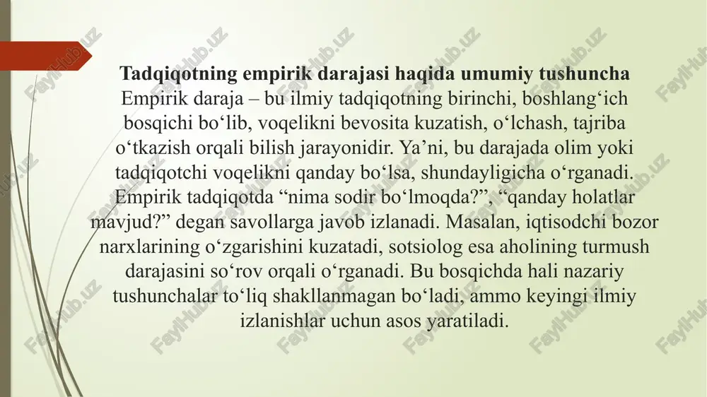 n usullar: kuzatish, tajriba (eksperiment), o‘lchash, so‘rovnoma, taqqoslash, statistik tahlil. masalan, ijtimoiy tadqiqotda so‘rovnoma o‘tkazish orqali aholining fikrini bilish – empirik usul. fizikada esa eksperiment yordamida moddaning xususiyatlarini aniqlash – bu ham empirik usul. har bir usulning maqsadi – faktlarni aniq, ishonchli va qayta tekshirish mumkin bo‘lgan shaklda olishdir. kuzatish usuli kuzatish – empirik tadqiqotning eng oddiy va tabiiy usuli bo‘lib, hodisalarni tabiiy sharoitda bevosita idrok etishga asoslanadi. kuzatishda tadqiqotchi voqealarga aralashmaydi, faqat ularni qayd etadi. masalan, o‘qituvchi darsda o‘quvchilarning faolligini kuzatadi yoki meteorolog havo haroratini har kuni qayd qiladi. kuzatish doimiy, tizimli va maqsadga yo‘naltirilgan bo‘lishi kerak. aks holda olingan ma’lumotlar to‘liq yoki ishonchli bo‘lmasligi mumkin. eksperiment (tajriba) usuli eksperiment – bu tadqiqotchining hodisaga faol aralashuvi orqali uning o‘zgarishini kuzatish jarayonidir. tajriba paytida tadqiqotchi biror shartni o‘zgartiradi va natijani kuzatadi. masalan, kimyogar eritmaga yangi modda qo‘shib reaksiya tezligini o‘lchaydi, yoki pedagog yangi o‘qitish usulini sinovdan o‘tkazib, o‘quvchilarning natijasini solishtiradi. …
