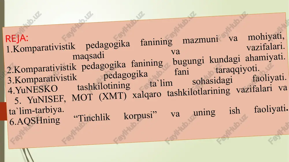 tijalarini bashorat qila olish. 9. o‘rganilayotgan ta’lim tizimidagi umumiylik va o‘ziga xoslik jihatlarini aniqlash. asosiy funksiyalari: 1. mutaxasislarning chet el tajribasini o‘rganishlarini yengillashtirish maqsadida pedagogik hujjatlardagi atama va tushunchalami unifikatsiyalash va tartibga solish. 2.turli ta’lim modellari va talim sohasida amalga oshirilayotgan siyosiy islohotlarni taqqoslash. 3. kelgusida ta’limni rivojlantirishning istiqbolli va ishonchli yo‘llarini bashoratlash. 4. ta’lim tizimini rivojlantirishning strategik rejasini ishlab chiqish. mariya sokolova aleksandrovna bepkanov nikolay alekseyevich melioristik yondashuv: boshlang‘ich, o‘rta, oliy ta’lim kabi ta’lim bosqichlari va xotin-qizlaming ta’lim olishi, o‘qituvchilarni tayyorlash kabi muammolar bo‘yicha savollardan iborat bolgan so‘rovnoma hamda kuzatuvlar asosida o‘tkazilgan tahlillardan iborat. tizimli-sotsiologik yondashuv yuzaga keldi, bunda iqtisodiy-ijtimoiy, siyosiy, g'oyaviy xarakterdagi omillar ma’lumotli yoki mamlakatshunoslikka oid yondashuvda aniq davlatlardagi ta’lim tizimi rivojlanishining hozirgi holati tavsifiy bayon etiladi. fanlararo etnomadaniy resursli tarixiy-falsafiy yondashuv ta’lim tizimining milliy xususiyatlarini saqlash tarixiy-falsafiy yondashuv ma’naviy va madaniy omillarni bilmasdan turib, milliy ta’lim tizimini taqqoslash mumkin emas. m.sendler vazifasi rivojlanish jismoniy ma’naviy ijtimoiy …
