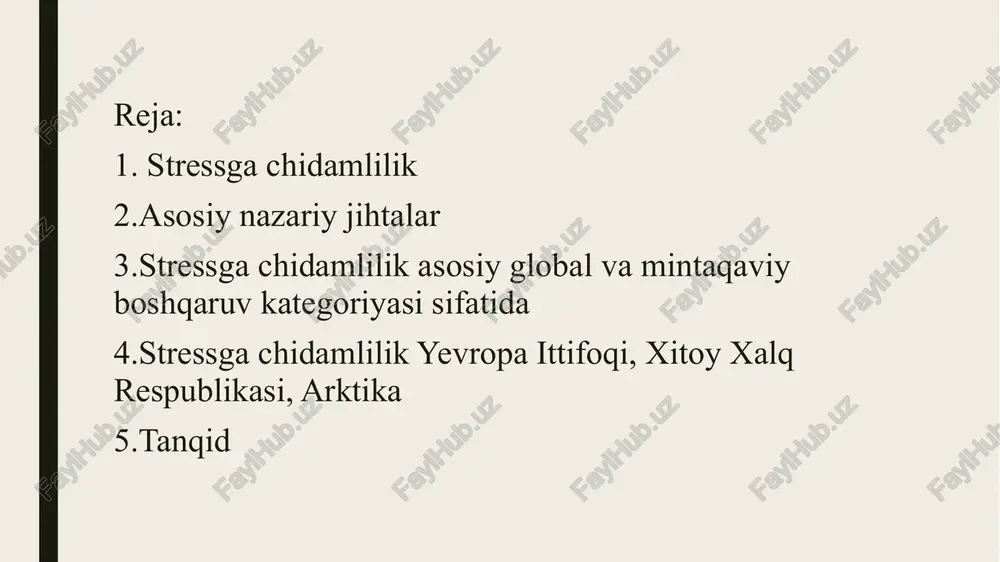 ini oʻrganib chiqdi, bu stressga chidamlilik tushunchalarini ishlab chiqishga va ularning iqtisodiyotda tarqalishiga yordam berdi. stressga chidamlilik tushunchasi psixologiyada ham faol ishlatilgan. bularning barchasi asrning boshida bu atamani bir qator ijtimoiy fanlarga: shaharsozlikdan siyosatshunoslikka va xalqaro munosabatlarga oʻtkazish uchun zarur shart-sharoitlarni yaratdi. global boshqaruv tizimi bilan bogʻliq boʻlgan xalqaro tashkilotlar rivojlanish siyosati kontekstida va tabiiy ofatlar va gumanitar falokatlar oqibatlarini oldini olish masalalarida barqarorlik tushunchasidan foydalanadilar. stressga chidamlilikdan eng faol foydalanish bmt tizimidagi tashkilotlar hujjatlarida. barqaror rivojlanish maqsadlari doirasida kontseptsiya 17 ta qoidadan 2 tasida qoʻllaniladi. jahon banki va xalqaro valyuta jamgʻarmasi barqarorlikni iqtisodiy va moliyaviy koʻrinishda koʻrib chiqadi. oʻz navbatida, jahon banki prezidenti turli koʻrinishlarga stress qarshiligini kuchaytirishni tashkilotning uchta asosiy ustuvor yoʻnalishlaridan biri sifatida belgiladi[8]. mustaqillik» atamasi yevropa ittifoqida va undan oldingi eecda uzoq vaqtdan beri qoʻllanilgan. 1980-yillarda birinchi eslatma beri. iqtisodiyot va atrof-muhitni muhofaza qilish sohasida u izchil evolyutsiyani boshdan kechirdi, uchinchi mamlakatlar bilan tashqi aloqalar sohasiga …