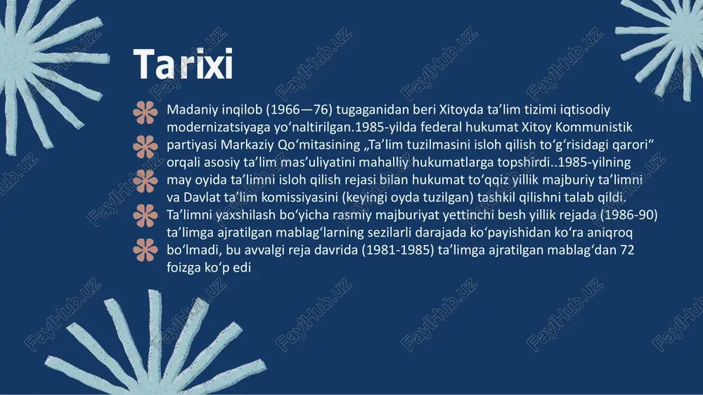 r muhim deb hisoblangan boʻlsa-da, xitoyni modernizatsiya qilish maqsadlariga erishish uchun kasbiy va texnik koʻnikmalar eng muhim deb hisoblangan. taʼlim ustuvorliklarini qayta yoʻnaltirish deng syaopinning iqtisodiy rivojlanish strategiyasiga parallel edi. shuningdek, yaqin oʻn yilliklarda modernizatsiya dasturini amalga oshiradigan, allaqachon maʼlumotga ega boʻlgan elitani yanada tayyorlashga eʼtibor qaratildi. zamonaviy ilm-fan va texnologiyaga qaytadan eʼtibor qaratilishi 1976-yildan boshlab keng koʻlamli ilmiy sohalarda malaka oshirish uchun chet eldan oʻrganish va qarz olishni ragʻbatlantiradigan tashqi siyosatning qabul qilinishiga olib keldi. 2018-yilning 10-sentabr kuni pekinda boʻlib oʻtgan milliy taʼlim konferensiyasida xitoy kommunistik partiyasi bosh kotibi si tszinpin kommunistik partiya va uning siyosatini qoʻllab-quvvatlashni kuchaytirish maqsadida mamlakat yoshlariga xitoy sotsializmini oʻrgatish muhimligini taʼkidladi. yil yoshlar bosqich 1-sinf 6-7 boshlangʻich 2-sinf 7-8 3-sinf 8-9 4-sinf 9-10 5-sinf 10-11 6-sinf 11-12 7-sinf 12-13 oʻrta maktab8-sinf 13-14 9-sinf 14-15 10-sinf 15-16 oʻrta maktab11-sinf 16-17 12-sinf 17-18 majburiy taʼlim toʻgʻrisidagi qonun 1986-yil 1-iyuldan kuchga kirgan „to‘qqiz yillik majburiy taʼlim to‘g‘risida“gi …
