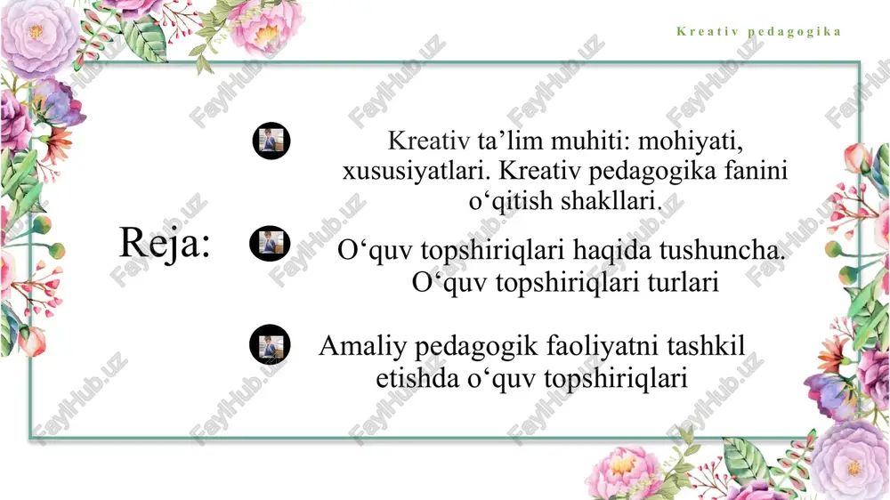tizimi bilan uzviy bog‘lanadi k r e a t i v p e d a g o g i k a o‘quv topshiriqlari o‘rganilayotgan mavzu bo‘yicha talabalar tomonidan o‘zlashtirilgan bilim, ko‘nikma va malakalar darajasini aniqlashga xizmat qiladigan ta’limiy vazifalar yig‘indisi shu sababli o‘quv topshiriqlarini to‘g‘ri shakllantirish maqsadga muvofiq sanaladi k r e a t i v p e d a g o g i k a 1 2 o‘quv topshiriqlarining murakkablik darajasini aniqlay olish darsning maqsadiga muvofiq o‘quv topshiriqlari tizimini shakllantirish pedagogika otmda tahsil olayotgan talabalar o‘quv topshiriqlarini to‘g‘ri shakllantirish ko‘nikma, malakalariga ega bo‘lishi zarur. o‘quv topshiriqlarini shakllantirishda quyidagilarga e’tibor qaratiladi: pedagogika otm k r e a t i v p e d a g o g i k a xarakteriga ko‘ra o‘quv topshiriqlarining turlari k r e a t i v p e d a g o g i k a i. xotirada saqlash, qayta yodga tushirishni talab etuvchi …