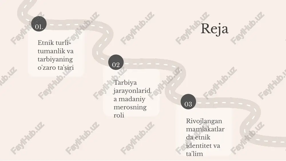 gan ishonchini oshiradi. ta'lim esa etnik identitetni rivojlantirishda yordam beradi, bu orqali madaniy meros saqlanadi. tarbiyaviy jarayonlarga ta'siri etnik identitet tarbiyaviy jarayonlarga ta'sir etadi, chunki o'quvchilar o'z etnik guruhlarining qadriyatlarini o'rganish orqali o'zligini anglaydilar. bu jarayon, shuningdek, jamiyatda ko'p madaniyatlilikni targ'ib qiladi. 01. 02. 03. etnik turli-tumanlik va akademik muvaffaqiyat etnik turli-tumanlik, akademik muvaffaqiyatga ijobiy ta'sir ko'rsatadi. turli etnik guruhlar o'rtasidagi o'zaro aloqalar, talabalar o'rtasida keng ko'lamli fikr almashish va yangi g'oyalar paydo bo'lishiga yordam beradi. tadqiqotlar shuni ko'rsatadiki, rivojlangan mamlakatlarda etnik xilma-xillik ko'proq ijodiy fikrlash va muammolarni hal qilish qobiliyatini oshiradi. masalan, aqshdagi universitetlarda turli etnik guruhlardan kelgan talabalar, birgalikda ishlash orqali innovatsion loyihalarni yaratishadi. yakuniy fikrlar: etnik xususiyatlarning tarbiyada roli etnik xususiyatlar ta'lim jarayonida muhim ahamiyatga ega. ular o'quvchilar orasida madaniy tolaransh va o'zaro hurmatni shakllantiradi, shuningdek, turli xil fikrlar va tajribalar almashinishiga yordam beradi. etnik xilma-xillikni qabul qilish ta'limda o'quvchilarning ijodkorligini va tanqidiy fikrlash ko'nikmalarini oshiradi. bu, …