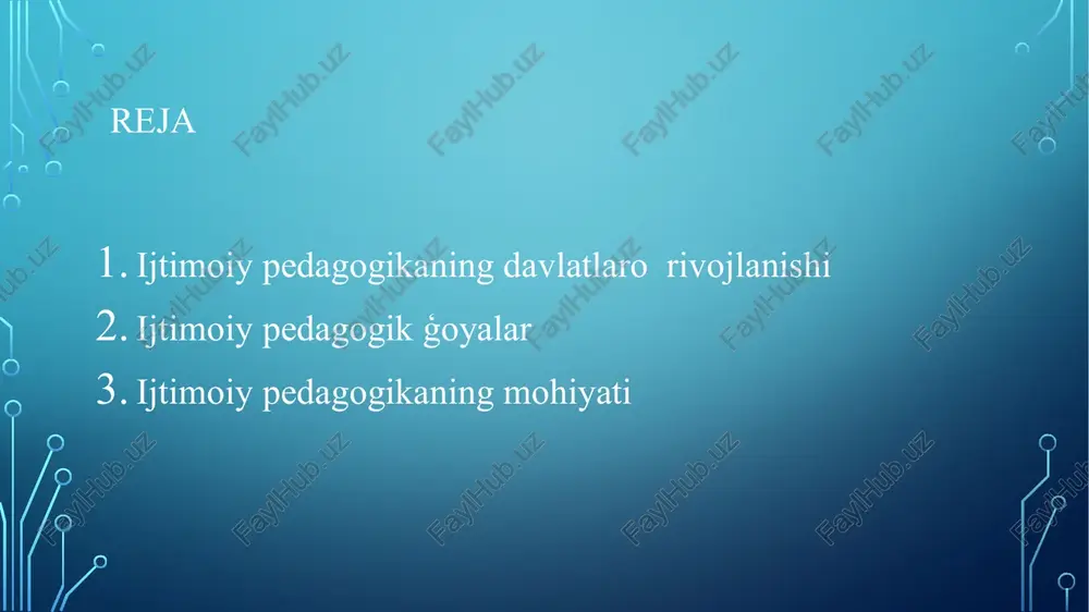 zuvchi, ma’rifatparvar j.j.russo (1712-1778 y) ulkan hissa qo’shgan. u tabiiy huquq, din va tabiiy rivojlanish asosiga qurilgan tabiatan shakllangan tarbiya g’oyalarini ilgari suradi. ijtimoiy pedagogikaning mohiyatini nemis olimi paul natori (xx asrning 20-yillari) ijtimoiy pedagogik jamiyatning tarbiyaviy kuchlarining yaqinlashtirish muammosini xalqning madaniy va axloqiy darajasini ko’tarish maqsadida tadqiq etadi deb hisoblagan. e'tiboringiz uchun raxmat! image3.jpeg image4.jpeg image5.jpeg image6.jpeg image7.jpeg image8.jpeg image9.jpeg image10.jpeg image2.png /docprops/thumbnail.jpeg