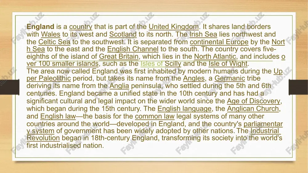 veloped as major industrial regions during the 19th century. the kingdom of england – which after 1535 included wales – ceased being a separate sovereign state on 1 may 1707, when the acts of union put into effect the terms agreed in the treaty of union the previous year, resulting in a political union with the kingdom of scotland to create the kingdom of great britain. in 1801, great britain was united with the kingdom of ireland (through another act of union) to become the united kingdom of great britain and ireland. in 1922 the irish free state seceded from the united kingdom, leading to the latter being renamed the united kingdom of great britain and northern ireland. the name "england" is derived from the old english name england, which means "land of the angles". the angles were one of the germanic tribes that settled in great britain during the …