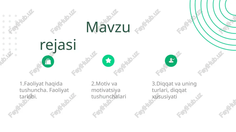 maqsad ozmi-koʻpmi uzoq yoki yaqin boʻlishi mumkin. shuning uchun bu maqsadga erishish odam tomonidan ana shu maqsad sari harakat qilish davomida uning oldida tugʻiladigan qator juz’iy maqsadlarni izchillik bilan hosil qilishdan iborat boʻladi. quyidagi harakatning muhim tarkibiy qismlari koʻrsatilgan. lorem ipsum dolor n a z o r a t lorem ipsum dolor harakat komponentlari ha r a k a t m o t o r (xarakatlantiruvchi) m a r k a z i y (fikrlovchi) s yen s o r l i (sezish) b a j a r i sh b o sh q a r i sh faoliyatning asosiy turlari oʻyin. bola bir yoshga toʻlgandan boshlaboq unda faoliyatning sodda shakllarini egallash uchun shart-sharoitlar yuzaga kela boshlaydi. bunday shart-sharoitlardan birinchisi oʻyindir. ta’lim faoliyati ma’lum ravishda tashkil etilgan sharoitda amalga oshiriladi. katta yoshli kishilar bolalarning taraqqiyotiga faol ta’sir etib, ularning ta’lim faoliyatlarini hamda bu faoliyat bilan bogʻliq boʻlgan xatti-harakatlarni tashkil qiladilar. …