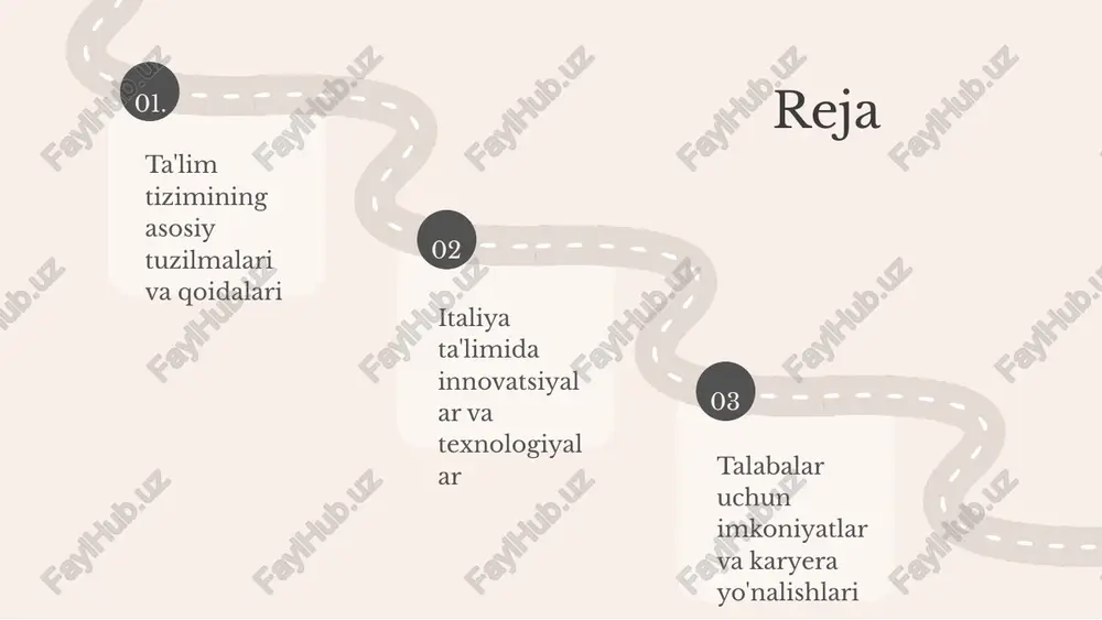 vchilarni malakasini oshirish va talabalar uchun grantlar va stipendiyalarni ko'paytirish zarur. 01. 02. 03. ta'lim tizimining kelajagi o‘zbekiston ta'lim tizimi kelajakda innovatsiyalar va texnologiyalarni joriy etish orqali rivojlanishi kutilmoqda. yangi o‘quv dasturlari va metodologiyalar yordamida talabalar uchun ko‘proq imkoniyatlar yaratiladi, bu esa ularning kasbiy tayyorgarligini oshiradi. ta'lim tizimining modernizatsiyasi, shuningdek, xalqaro hamkorlikni kuchaytirish va yuqori sifatli ta'limni ta'minlashga qaratilgan dasturlarni o‘z ichiga oladi. ta'lim tizimining qonuniy asoslari o'zbekistonda ta'lim tizimi, konstitutsiya va boshqa normativ hujjatlar asosida tashkil etilgan. ta'lim olishi har bir fuqaroning huquqi sifatida belgilangan. o'zbekiston respublikasi ta'lim to'g'risidagi qonun, o'qitish va o'qish jarayonlarini tartibga soluvchi bir qator qonunlar, shuningdek, ta'lim sohasidagi normativ hujjatlar mavjud. italiya ta'limida innovatsiyalar innovatsiya - yangi g'oya, metod yoki mahsulot. italiya ta'limida innovatsiyalar muhim rol o'ynaydi, bu o'quv jarayonini yanada samarali va qiziqarli qiladi. masalan, raqamli ta'lim platformalari, interaktiv darslar va individual o'quv rejalari ta'lim sifatini oshirishga yordam beradi. 1) raqamli ta'lim vositalarini joriy …