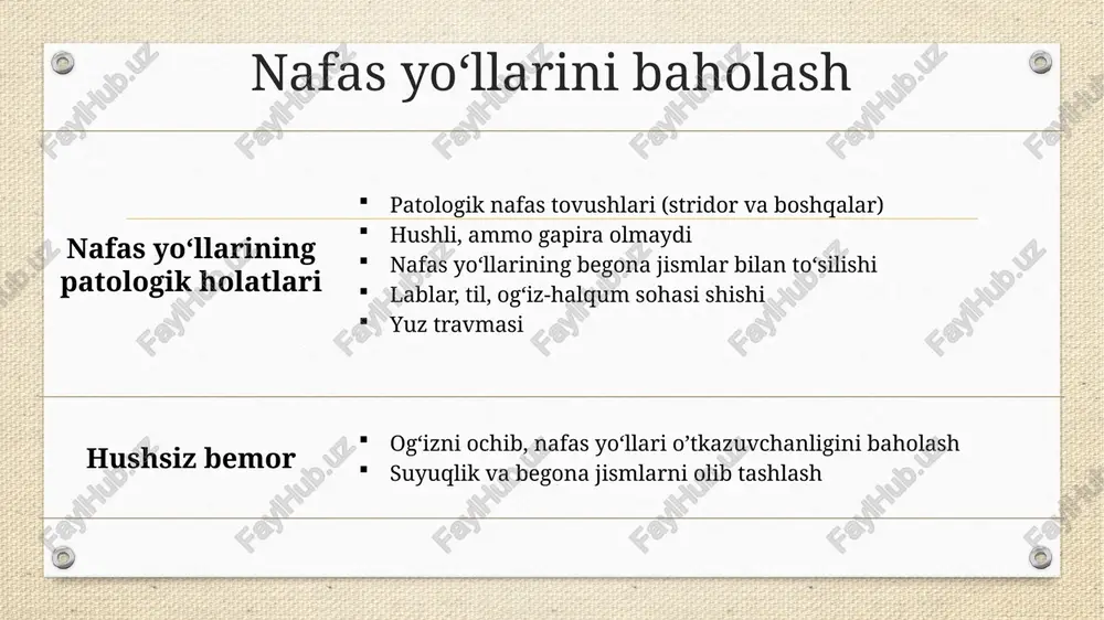 , moslashuvchan kislorod yetkazilishi to‘xtamasdan gaplashish imkoniyati yuqori konsentratsiyali kislorodni yetkazib bera olmaydi burun shilliq qavatining bezovtalanishi, tiqilishi nafas olish kuchiga qarab kislorod konsentratsiyasining o‘zgarib turishi 8 oddiy yuz niqobi (simple face mask) kislorod yetkazib berish diapazoni 5 l/min 40% 6 l/min 50% 7 l/min 50% 8 l/min 60% 9 l/min 60% 10 l/min 60% 9 oddiy yuz niqobi (simple face mask) ko‘rsatmalar qo‘llash mumkin bo‘lmagan holatlar yengil va o‘rtacha nafas qisilishi holatlarida qisqa muddatli foydalanish uchun (<12 soat) apnoe yoki nafas olish kuchi zaif bo‘lganida og‘ir gipoksiya holatlarida afzalliklari kamchiliklari arzon narx og‘iz orqali nafas olish imkoniyati mavjud yuqori konsentratsiyali kislorodni yetkazib bera olmaydi noqulaylik hissi yuz bilan yaqin kontakt zarurati nafas olish kuchiga qarab kislorod konsentratsiyasining o‘zgarib turishi 10 klapanli niqob (non-rebreather) oddiy yuz niqobi klapanli niqob (non-rebreather) 11 klapanli niqob (non-rebreather) kislorod yetkazib berish diapazoni 10 ~ 15 l/min 90 ~ 100% nazariy jihatdan 6l/min va undan …