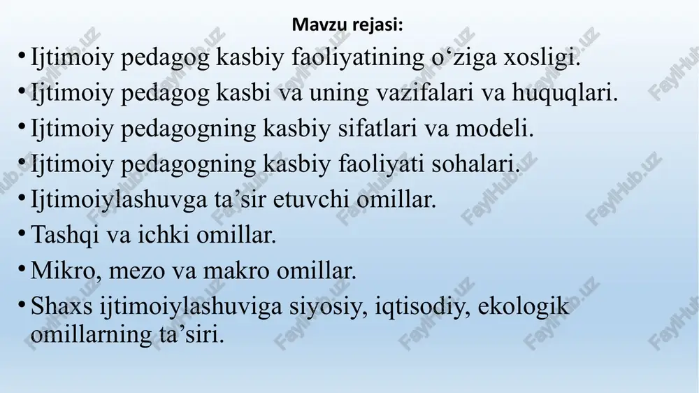 in. bu o'z navbatida bola faoliyatida va atrof-muhitni bilish va o'zlashtirishda etakchi vazifani bajaradi. shaxs rivojlanishi harakatlantiruvchi kuchlari bo'lib bola ehtiyoji va uni qoniqtirish imkoniyati o'rtasida yuzaga keladigan qarama-qarshiliklar hisoblanadi. insondagi biologik va ijtimoiy omillar – bu bir-biriga bog'liq bo'lmagan ikki parallel chiziqlar emas. har bir shaxsda ular shunday chambarchas qo'shilib ketadiki, ularning farqlari shunday turli-tumanki, tadqiqotchilar bola rivojlanishi asosida ikki o'ta muhim bo'lgan omilni irsiyat va muhitni ajratadi. ular (irsiyat va muhit) inson rivojlanishi manbalari va shartlari hisoblanadi. ijtimoiylashuv agentlari. insonning voyaga yetishida, uning shakllanish jarayonida, u bevosita munosabatda bo’lgan kishilar muhim o’rin tutishadi. ularni ijtimoiy pedagogikaga oid adabiyotlarda ijtimoiylashuv agentlari deb ham nomlanadi. turli yosh davrlarida agentlarning tarkibi turli bo’ladi. bolalar va o’smirlar uchun ota-ona, aka-uka, opa-singillar, qarindoshlari, tengdoshlari, qo’shnilar agent bo’lishlari mumkin. yoshlik davriga kelib, agentlar qatoriga turmush o’rtog’i, hamkasblari ham qo’shilishlari mumkin. ijtimoiylashuvdagi tutgan o’rinlariga, inson uchun qanchalik ahamiyatli ekanligiga qarab agentlar ham farqlanadi: faol ta’sir …