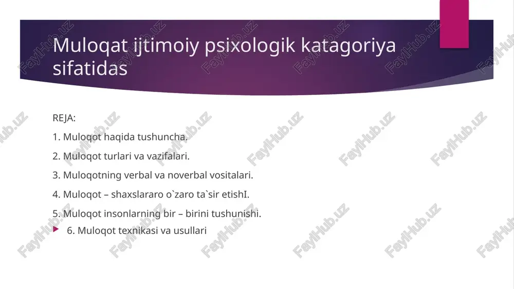 irligi muomalaga kirishuvchi kishilarning o`zaro munosabati va hamkorlikdagi faoliyatining tashqil etish usuli sifatida namoyon bo`ladi. muloqotning qonuniyatlarini, malaka va qobiliyatlarining shakllanishi bilish pedagog uchun g`oyat muhimdir. bu to`laqonli pedagogik muloqotni yoki muomalani yo`lga qo`yishini ta`minlaydi. pedagogik muloqot-pedagog va o`quvchilarning o`zaro ta`sir etish usullari yig`indisidir. muloqotning mazmuni – axborot almashish, o`qituvchi tomonidan turli kommunikativ vositalar yordamida o`quvchilar bilan o`zaro tushunish va o`zaro munosabatlarni tashqil etishdir. pedagoglarning tarbiyaviy va didaktik vazifalarni o`qituvchi hamda o`quvchilar jamoasi o`rtasida munosabatlarni ta`minlamay turib amalga oshirib bo`lmaydi. pedagogik faoliyatdagi muloqot: 1. o`quv vazifalarini bajarish vositasi. 2. tarbiyaviy jarayonni ta`minlashning ijtimoiy – psixologik tizimi. 3. ta`lim va tarbiya jarayoni muvafaqqiyatini ta`minlovchi o`qituvchi va o`quvchilarning o`zaro munosabatlarini tashqil qilish usuli. 4. o`quvchining individual xususiyatlarini tarbiyalash jarayoni sifatida namoyon bo`ladi. pedagog bu muloqotning o`quv tarbiyaviy jarayonlarni hissiy foni va vosita mazmunini tashqil etadi. muloqot ikki va undan ortiq kishilar o`rtasida bilish yoki baholash tarzidagi axborot almashishda namoyon bo`luvchi o`zaro ta`sirdir. …
