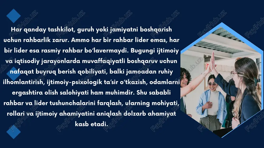 gik asoslari rahbarlik ko‘proq tashkiliy-texnik, me’yoriy asosda bo‘lsa, liderlik – bu ijtimoiy-psixologik hodisa. psixologik jihatdan liderlik shaxslararo munosabatlar, ijtimoiy maqom va motivatsiya bilan chambarchas bog‘liq. liderning psixologik xususiyatlari: o‘z fikrini erkin ifoda eta oladi odamlarga ta’sir o‘tkaza oladi o‘zini baholay oladi va boshqalarning nuqtai nazarini inobatga oladi qiyin vaziyatlarda ijobiy yo‘l ko‘rsata oladi rahbarning psixologik xususiyatlari: tashkilotchilik qobiliyati yuqori mas’uliyatli va intizomli vazifalarni taqsimlash va nazorat qilishga moyil hujjatlar bilan ishlash, tartib va nizomga rioya qilish rahbarlik va liderlik uslublari rahbarlikning klassik uslublari: avtoritar (buyruqbozlik): qarorlar rahbar tomonidan qabul qilinadi, boshqalar fikri e’tiborga olinmaydi. demokratik: guruh fikri inobatga olinadi, qarorlar birgalikda qabul qilinadi. erkin (liberal): rahbar aralashmaydi, ishtirokchilar mustaqil harakat qiladi. liderlik uslublari: karizmatik liderlik – kuchli shaxsiy ta’sir orqali boshqaradi. transformatsion liderlik – jamoadagi o‘zgarishlar va motivatsiyani kuchaytiradi. servis liderlik – jamoadoshlariga xizmat qilish orqali yetakchilik qiladi. rahbar va liderning tashkilot rivojiga ta’siri rasmiy rahbar tashkiliy jarayonlarni boshqaradi, huquqiy …