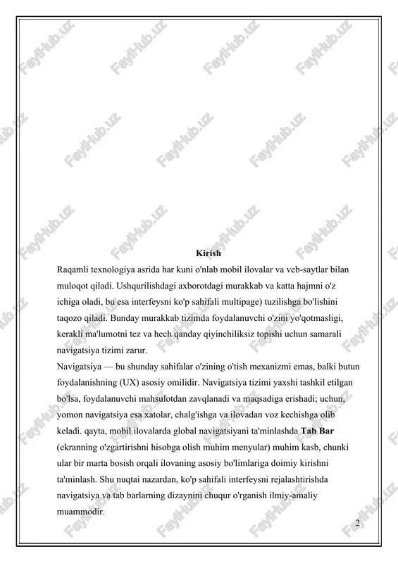 ko'rsatish uchun harakatni bajarish: 1. samarali interfeysi dizayni nuqtai nazaridan navigatsiya turlari va tahrir rolini tekshirish. 2. tab barlarning ishlashini, kuch va zararini chuqur tahlil qilish. 3. turli platformalar (ios, android, veb) uchun navigatsiya va tab barlarni sozlash bo'yicha ajoyib vaziyatlarni (izchillik, aniqlik, vizual holat) ko'rib chiqish. 4. mavjud effekt olish (masalan, tajriba mobil ilova) misolida amaliy tahlil (case study) o'tkazish. 5. olingan bilimlar asosida samarali ko'p sahifali interfeysni tuzatish bo'yicha tavsiyalar ishlab chiqish. 3. obyekti va predmeti sayt obyekti: kompyuter dasturlari va mobil ilovalarning ko'p sahifali foydalanuvchi interfeyslari (ui). tadqiqot predmeti: ko'p sahifali interfeyslarning modullari elementar navigatsiya barlar (navigation bars) va tab barlarni (tab bars) tartibga solish yo'riqlari. foydalanuvchi grafik int e rf e ysi. hozirgi vaqtda grafik int e rf e ys ommaviylashib bormoqda, uning asosiy xususiyati dastur, qurilma, biror-bir harakat uchun t e z esda qoladigan shartli b e lgilar ishlab chiqilganidir. foydalanuvchi k e rakli b …