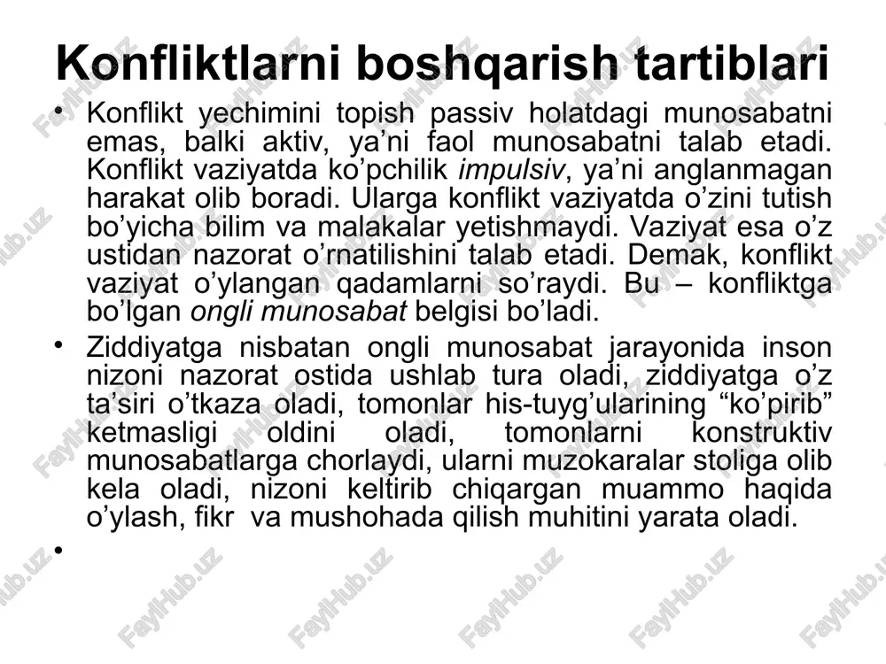 shi mumkin. ikkinchi qadam tahlili konflikt vaziyatda inson mana shu vaziyatning bo’lmasligi mumkinligi, ideal holatda uning qanday bo’lishi mumkinligi masalasiga juda katta kuch sarflaydi. siz ziddiyat orqali eng aziz odamlaringiz bilan munosabatlarning buzilganligidan hijolat bo’lasiz, ularni yangitdan o’rnatmoqchi bo’lasiz “u menga bunday qo’pol gapirmasligi kerak edi”, “men o’zi unga kimman, agar meni hurmat qilsa, bunday demagan bo’lar edi”, “nima uchun u mening hayotimga aralashadi, men mustaqil odamman-ku”, “boshliq bo’lsa o’ziga, nima, hadeb baqiraverishi kerakmi?!”... mana shunday fikrlar konfliktlar doirasida inson ichki emosional holatining kuchayib ketganligida ro’y beradi bunday holatlarga biz o’zga odamlar qilgan amallarni o’zimizning emosional qadriyatlarimiz bilan o’lchaymiz, ammo ularning o’z emosional qadriyatlari mavjudligini esdan chiqaramiz uchinchi qadam tahlili konflikt vaziyat va uning tahlili bizni ko’p narsalarga o’rgatadi. konflikt vaziyat va uning yechimini qidirish juda katta hayotiy tajriba beradi har bir vujudga kelgan konflikt bu sizning o’sish va ulg’ayish jarayoningiz hisoblanadi konfliktga real yondashuv qiyinchiliklarni bo’yamasdan va bo’rttirmasdan qabul …