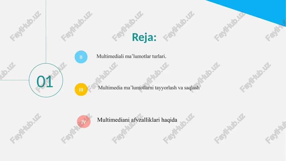sa etadi. odatda taqdimot ma‘lumotni qulay qabul qilish uchun syujet, ssenariy va strukturaga ega bo‘ladi. animatsiya – multimediali texnologiya; tasvirning harakatlanayotganligini ifodalash uchun tasvirlarning ketma-ket namoyishi. tasvir harakatini tasvirlash effekti sekundiga 16 ta kadrdan ortiq videokadrlar- ning almashinishida hosil bo‘ladi. animatsiya – multimediali texnologiya; tasvirning harakatlanayotganligini ifodalash uchun tasvirlarning ketma-ket namoyishi. tasvir harakatini tasvirlash effekti sekundiga 16 ta kadrdan ortiq videokadrlar- ning almashinishida hosil bo‘ladi. multimediali ma‘lumotlar turlari 04 eto izobrajenie, avtor: neizvestniy avtor, litsenziya: cc by-sa 5 05 . eto izobrajenie, avtor: neizvestniy avtor, litsenziya: cc by-nc 06 maktabda multimedia resurslari va texnologiyalaridan foydalanishda telekommunikatsiya tarmoqlarini qo‘llash bir qator imkoniyatlarni yuzaga chiqarishga olib kelmoqda: - o‘quv-uslubiy multimedia axborotlariga kirish imkonini kengaytiradi; - o‘quvchilarda kommunikativ malakalarni, muomala madaniyatini, multimedia axborotlarini izlash uquvini shakllantiradi; - tezkor maslahat yordamini tashkil etadi; - mustaqil ta’lim olish uchun individual ta’lim bazasini rivojlantiradi; - aniq vaqt birligida virtual o‘quv mashg‘ulotlari (seminarlar, ma’ruzalar) o‘tkazilishini ta’minlaydi; - …