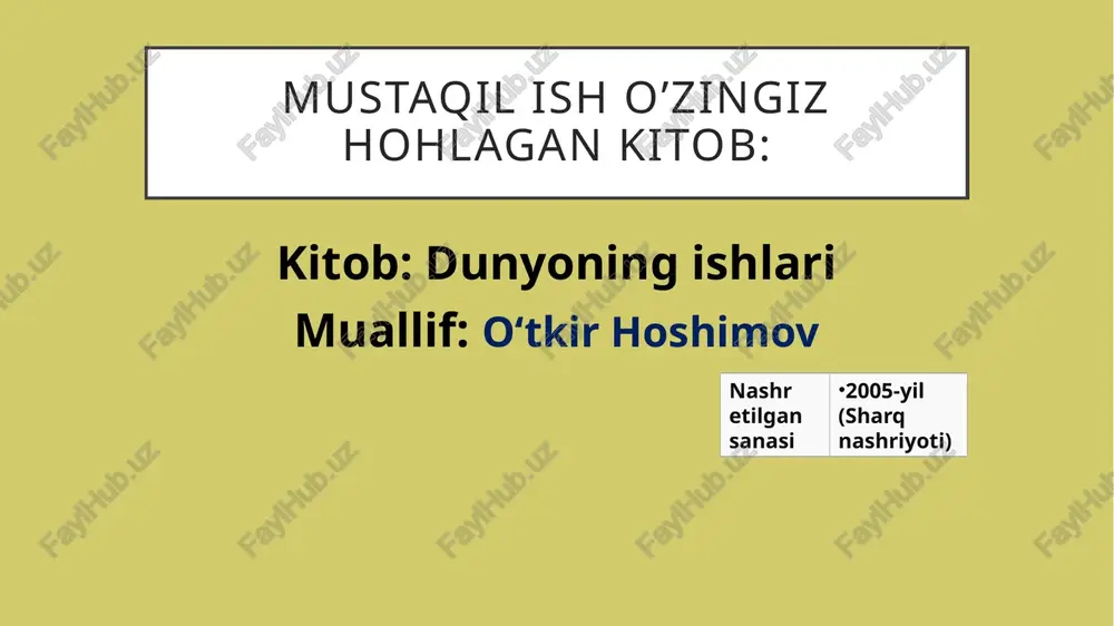 nday xalqchil asarlar sirasiga kiradi. asar 2024-yilda tarjimon mark ris tomonidan ingliz tiliga oʻgirilgan oʻtkir hoshimovning qirqdan ortiq asarlari nashr etilgan. ushbu kitoblarning umumiy tiraji 2 million nusxadan oshiq. yozuvchi asarlari koʻpgina xorijiy tillarga tarjima qilingan asar haqida jonli va hayotiy tasvirlar, oʻzbekona yondashuv va xarakter, qahramonlar oʻrtasidagi suhbatlar mutolaa tasirini kuchaytiradi. asar adibning bolalik davridagi voqealari asosida qurilgan. sovet davridagi oddiy qishloq oilalaru, odamlar turmush tarzi adibning onasi bilan uygʻunlashtirib tasvirlangan. oʻtkir hoshimov shu kichik asarida ham dunyoning ishlarini mujassamlashtirgan. oʻzbekiston xalq yozuvchisi said ahmad qissani shunday tariflagan : "„dunyoning ishlari“ asarini qissa emas, doston deb atashni istardim. u qoʻshiqday oʻqiladi. uni oʻqib turib, oʻz onalarimizni oʻylab ketamiz. shu mushfiq, shu jafokash onalarimiz oldidagi bir umr uzib boʻlmas qarzlarimizning aqalli bittasini uza oldikmi, degan bir andisha, bir savol koʻz oldimizda koʻndalang turib oladi. qissa bizni insofga, insonni qadrlashga, hurmat qilishga chaqiradi bolaligimni eslasam, iliq yoz kechalari ko‘z oldimga keladi. …