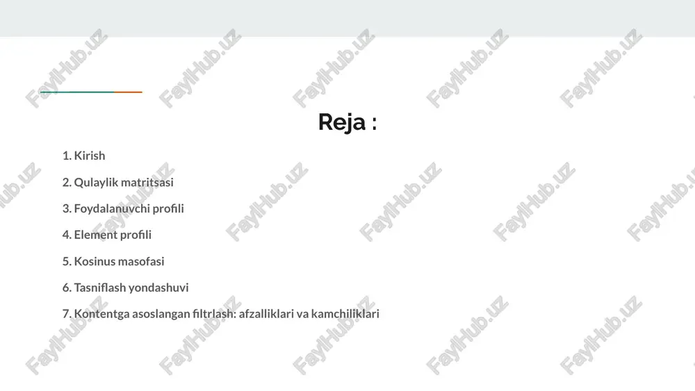 oni, kontentni ko‘tarish yoki rad etish va h.k. bu ma’lumotlar tavsiya qiluvchi vositaga yangi takliflarni eng yaxshi baholashga yordam beradi. kontentga asoslangan filtrlash uchun biz har bir alohida elementning muhim sifatlarini ifodalash uchun turli xil xususiyatlarini talab qilamiz. kino misoliga qaytadigan bo'lsak, tavsiya qiluvchi tizimga ularni ajratishga yordam beradigan ba'zi zarur atributlar aktyorlar va aktrisalar, rejissyor, chiqarilgan yili, janr, imdb reytinglari va boshqalar. 5-6. kosinus masofasi va tasniflash yondashuvi bu erda afzallikni aniqlash uchun foydalanuvchi va element vektorlari orasidagi kosinus masofasidan foydalaniladi. misol bilan tushunaylik: bizning maqsadli foydalanuvchimiz jangovar filmlarni tomosha qilishni yaxshi ko'radi va qo'rqinchli va trillerlarni biroz yoqtirmaydi. harakatli filmlar uchun vektor ijobiy qiymatlarga ega va dahshatli filmlar vektori ushbu foydalanuvchi uchun salbiy qiymatga ega. endi, ilmiy-fantastik jang janrida chiqarilgan yangi filmni ko'rib chiqing. bizning foydalanuvchi harakatli filmlarni afzal ko'rganligi sababli, kino vektori va foydalanuvchi vektori o'rtasidagi kosinus burchagi katta musbat kasr bo'ladi, natijada burchak kichikroq bo'ladi, bu …