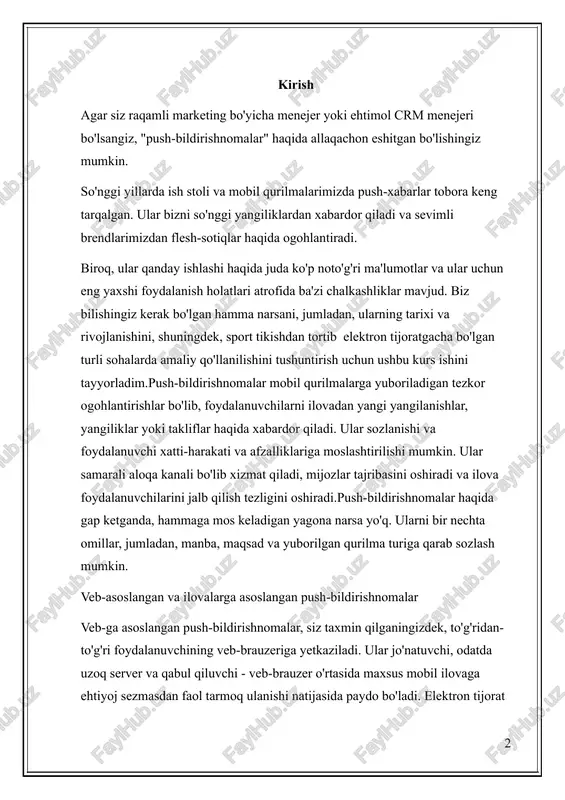 valarga asoslangan push-bildirishnomalar veb-ga asoslangan push-bildirishnomalar, siz taxmin qilganingizdek, to'g'ridan-to'g'ri foydalanuvchining veb-brauzeriga yetkaziladi. ular jo'natuvchi, odatda uzoq server va qabul qiluvchi - veb-brauzer o'rtasida maxsus mobil ilovaga ehtiyoj sezmasdan faol tarmoq ulanishi natijasida paydo bo'ladi. elektron tijorat saytlari bunday bildirishnomalardan keng foydalanadi va foydalanuvchilarni to'liq bo'lmagan savdo va arava harakatlari haqida ogohlantiradi. boshqa tomondan, ilovaga asoslangan bildirishnomalar serverdan qo'l qurilmalariga ilova orqali yuboriladi. ular ma'lum ma'noda foydalidirki, hatto ilova faol ishlatilmasa yoki fon jarayonlari sifatida ishlayotgan bo'lsa ham, foydalanuvchi e'tiborini ilovaga qaytarish uchun bildirishnomalar yuborilishi mumkin.operatsion tizimlar push-bildirishnomalarning hayot aylanishida muhim rol o'ynaydi.kontent yaratish: ilova yoki uchinchi tomon serveri bildirishnoma mazmunini shakllantiradi. bulutli xabarlar: server fcm yoki apnlar kabi bulutli xabarlar xizmati bilan o‘zaro aloqada bo‘lib, bildirishnoma mazmunini yuboradi. os aralashuvi: bulutli xabarlar xizmati kiruvchi bildirishnomani bildirish uchun operatsion tizim bilan bog'lanadi. ilovani ko'rsatish: nihoyat, operatsion tizim bildirishnomani mobil ilovaga yuboradi, so'ngra bildirishnomani foydalanuvchiga ko'rsatadi. shunday qilib, operatsion tizimlar bildirishnomalarni …