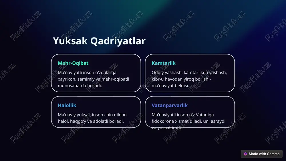 ega bo'ladi, turli sohalardagi bilimlarni egallaydi. kitob o'qish, ilm-fan bilan muntazam shug'ullanish bilimlarni boyitadi. halol va adolatli yashash - ma'naviy barkamollikning asosiy mezonidir. mehribon, xayrli, saxovatli bo'lish - ma'naviy yetuklik belgisidir. 7 ma'naviy yuksalish - hayotning manzarasi 1 g'amxo'rlik ma'naviyatli inson o'zidan kam ta'minlangan odamlarga, keksa-yoshlarga g'amxo'rlik ko'rsatadi. 2 bugʻu ma'naviy barkamol inson o'zini doimo takomillashtirish, o'sish va rivojlanishga intilib yashaydi. 3 ma'rifat tarqatish o'z bilim-tajribalarini boshqalarga ulashish, ma'rifat tarqatish - ma'naviy odamlarning asosiy faoliyatidir. 4 yuksak maqsadlar sari ma'naviy yuksalish - ezgu orzular, olijanob maqsadlar sari intilishdir. 8 image1.png image2.png image3.png image4.png image5.png image6.png image7.png image8.png image9.png image10.png image11.png image12.png image13.png