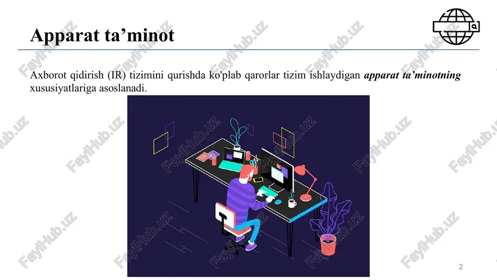 lamni teng o‘lchamdagi qismlarga ajratadi, har bir qismning termid-docid juftliklarini xotirada tartiblaydi, oraliq tartiblangan natijalarni diskda saqlaydi barcha oraliq natijalarni yakuniy indeksga birlashtiradi. 7 bsbi bosqichlari algoritm hujjatlarni termid-docid juftliklariga ajratadi va fiksirlangan oʻlchamdagi blok toʻla boʻlmaguncha juftliklarni xotirada toʻplaydi. xotirada tezkor saralash imkonini berish uchun blok hajmini xotiraga qulay tarzda joylashtiradi. keyingi qadamda blok invertirlanadi va diskga yoziladi. invertirlash 2 bosqichni o'z ichiga oladi. birinchidan, termid-docid juftlarini saralanadi. keyin esa, bir xil termidga ega barcha termid-docid juftlarini e'lonlar ro'yxatiga to'playmiz, qaysiki bunda e'lon shunchaki hujjatdir. o'qilgan blok uchun teskari indekslab diskka yoziladi. 8 bsbi strukturasi ikkita blok (“postings lists to be merged'') diskdan asosiy xotiraga yuklanadi, asosiy xotirada ular birlashtiriladi (“merged postings lists”) va diskka qayta yoziladi. 9 bsbi kamchiligi bsbi mukammal masshtablash xususiyatlariga ega, ammo mos termlarni termid-larga solishtirish uchun ma'lumotlar strukturasi kerak hujjatlar kolleksiyalar uchun bo’ladi. juda katta bu ma'lumotlar strukturasi xotiraga sig'maydi. buning yechimi esa “bir …