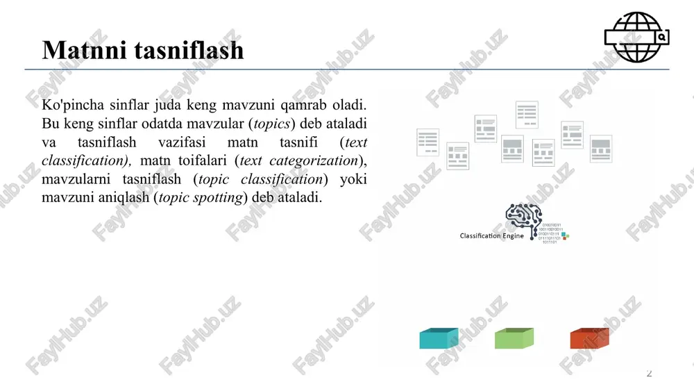 'quv tanlanma to'plamiga tegishli bo'lib, bu yerda d - bitta jumladan iborat hujjat beijing joins the world trade organization, china va c - china sinfi. 4 o’qituvchili o'qitish (supervised learning) bu usul o’qituvchili o'qitish (supervised learning) deb ataladi, chunki nazoratchi (sinflarni belgilaydigan va o'quv hujjatlarini tayyorlaydigan shaxs) o'quv jarayonini boshqaradigan o'qituvchi rolini o'ynaydi. 5 o’qitish usuli (learning method) yoki o’qitish algoritmidan (learning algorithm) foydalanib, γ – sinflashtirish funksiyasi (classification function) aniqlaniladi, u hujjatlarni sinflarga moslashtiradi: γ : x → c naive bayes matn tasnifi biz ko'rib chiqadigan nazorat ostida o'rganishning birinchi usuli - bu multinomial naive bayes usuli (naive bayes - nb). matnni tasniflashning maqsadi – bu hujjat uchun eng yaxshi sinfni topishdir. nb usulida eng mos keladigan sinf map (maximum a posteriori — map) orqali aniqlanadi. 6 bayes teoremasi (2) 7 aposterior ehtimollik b hodisaning sodir bo‘lish ehtimoli a hodisani sodir bo’lishida b hodisaning kelib chiqish ehtimoli a hodisaning …
