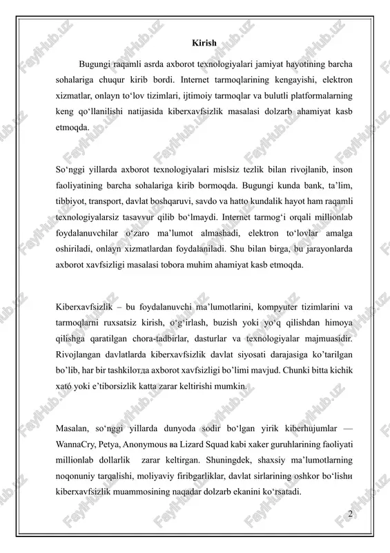 ilotda axborot xavfsizligi bo’limi mavjud. chunki bitta kichik xató yoki e’tiborsizlik katta zarar keltirishi mumkin. masalan, so‘nggi yillarda dunyoda sodir bo‘lgan yirik kiberhujumlar — wannacry, petya, anonymous va lizard squad kabi xaker guruhlarining faoliyati millionlab dollarlik zarar keltirgan. shuningdek, shaxsiy ma’lumotlarning noqonuniy tarqalishi, moliyaviy firibgarliklar, davlat sirlarining oshkor bo‘lishi kiberxavfsizlik muammosining naqadar dolzarb ekanini ko‘rsatadi. o‘zbekiston respublikasida ham raqamli iqtisodiyot jadal rivojlanmoqda. elektron hukumat, onlayn to‘lov tizimlari, mobil ilovalar, masofaviy ta’lim va internet savdo xizmatlari ko’payayotgani sababli, foydalanuvchi ma’lumotlarini himoya qilish muammosi dolzarb bo‘lib qolmoqda. shu sababli, dasturchilar har bir yaratilayotgan ilovada axborot xavfsizligini ta’minlashga alohida e’tibor berishlari lozim. ushbu kurs ishining mavzusi: 📘 “kiberxavfsizlikka oid dasturlar yaratish va foydalanuvchi ma’lumotlarini himoyalash (python dasturlash tili misolida)” mazkur ishning maqsadi — foydalanuvchi ma’lumotlarini himoya qiluvchi dastur yaratish jarayonini o‘rganish, shifrlash, xesh funksiyalari va ma’lumotlar bazasida xavfsizlikni ta’minlash usullarini tahlil qilish hamda ularni python dasturlash tilida amalda qo‘llashdir. ishning asosiy vazifalari quyidagilardan …