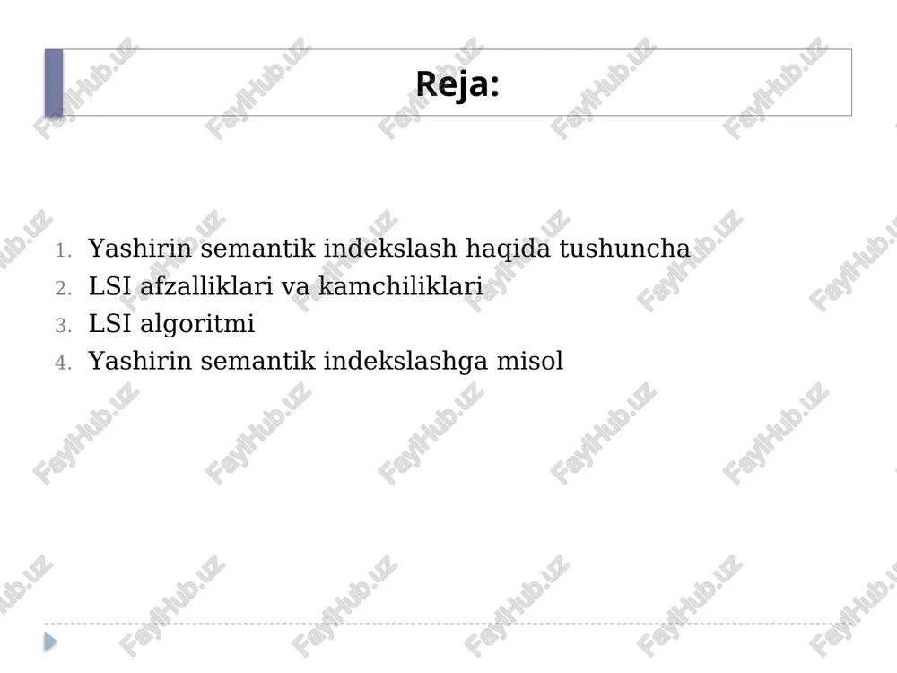 r sifatida ifodalangan matritsalarga ajratiladi. bu matritsalar, so'zlar yoki ma'lumotlar bazasidagi boshqa bir o'zgaruvchanlarni, masalan, har bir matnning o'lchamini yoki ko'paytirilgan vektorini ifodalaydi. singular value decomposition (svd): ma'lumotlar bazasidagi so'zlar yoki ma'lumotlar tahlili uchun svd usuli qo'llaniladi. svd, ma'lumotlar bazasidagi ma'lumotlarni tahlil qilishda va ularni asosiy o'lchovli komponentlariga ajratishda foydalaniladi. ushbu bosqichda, matritsa uch bo'limga bo'lib, asosiy o'lchovli matritsaga ajratiladi. matritsa bo'linishi va ko'paytirilishi: svd natijalaridan keyin, asosiy matritsa invertlanishi yoki ularning ko'paytirilishi amalga oshiriladi. ma'lumotlar bazasidagi so'zlar yoki ma'lumotlar orasidagi bog'liqliklarni aniqlashda, matritsalarning bo'linishi (invertlanishi) ma'lumotlar o'lchamini tahlil qilish uchun qo'llaniladi. mazmunlarni ma'noni boyicha tahlil qilish va bog'liqliklarni aniqlash: yashirin semantik indekslash usuli, ma'lumotlar bazasidagi so'zlar yoki ma'lumotlar orasidagi bog'liqliklarni tahlil qilishda foydalaniladi. matritsalarning bo'linishi natijalaridan foydalanib, so'zlar yoki ma'lumotlar bazasidagi mazmunlarni ma'noni boyicha tahlil qilish va ular orasidagi bog'liqliklarni aniqlash maqsadida foydalaniladi. mazmunlarni guruhlash va tizimlash: yashirin semantik indekslash ma'lumotlar bazasidagi ma'noga asoslangan mazmunlarni avtomatik ravishda guruhlash uchun …