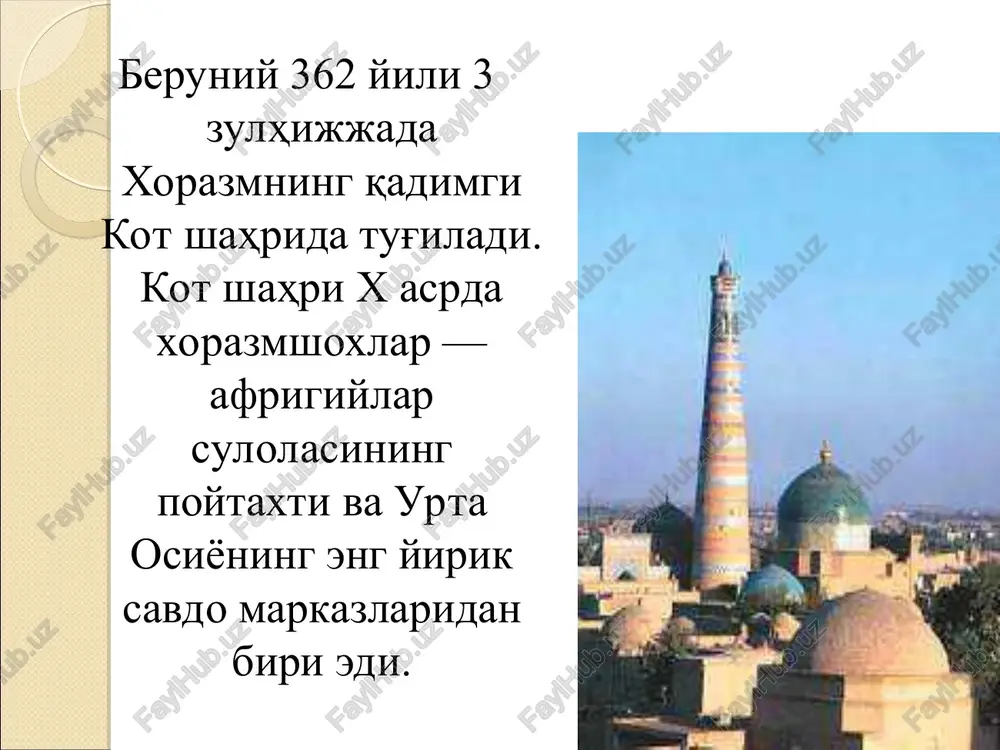 ning har to'rttala kitobi) bilan chuqur tanishadi. tavrotning aslidan parchalar keltiradi. a.beruniy olim uzoq umr ko'rish masalalari haqida gapirar ekan, buni nasl-nasabga bog'liq deb taxmin qiladi va farg'onani uzok umr ko'ruvchilar joyi deb ko'rsatadi. a.beruniy beruniy odamlarning gavda tuzilishi va tillarining turlicha bo'lishi haqidagi afsonalar va asossiz rivoyatlarni qoralaydi va buni ilmiy asosda isbotlab, shunday deydi: «chunki [odamlar] tuzilishlarining rang, surat, tabiat va axloqda turlicha bo'lishi faqatgina nasab-larining turlichaligidan emas, balki tuproq, suv, havo va erning [odam] yashaydigan joylarning turlichaligidan hamdir. a.beruniy tillarning turlicha bo'lishiga sabab odamlarning guruhlarga ajralib ketishi, bir-biridan uzok, turishi, ularning har birida turli hohishlarni ifodalash uchun [zarur] bo'lgan so'zlarga ehtiyoj tug'ilishidir. uzoq zamonlar o'tishi bilan haligi iboralar ko'payib, yodda saqlangan va takrorlanish natijasida tarkib topib, tartibga tushgan» a.beruniy beruniy o'zining «hindiston» nomli asarida hindistonning iqlimi, uning geografik tuzilishi, xalqlari, ularning urf-odatlari, ilm-fani, adabiyot va san'ati, falsafasi, diniy qarashlarini bayon qilib beradi. u bu asari bilan juda …