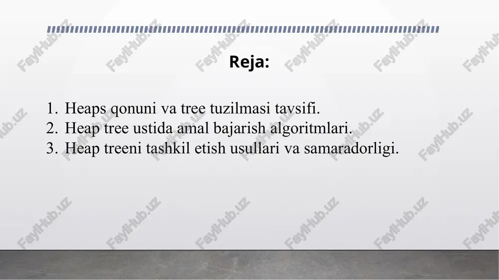 bo’lsin. undan yuqoridan pastga va chapdan o’ngga elementlarni joylab daraxtni (heap tree bo’lmagan) xosil qilamiz. bunday daraxtlarda bosqichlar soni o(lgn) gat eng. 10.2-rasm. massivdan daraxt xosil qilish bu daraxtni heap tree ko’rinishida qayta tashkil etish uchun uzunligi n ga teng heap massivini quyidagi shartlarga asoslanib tashkil etamiz: heap[i] ≥ heap[2·i], for 0 ≤ i< va heap[i] ≥ heap[2·i + 1], for 0 ≤ i< heap tree elementlari tartiblanmagan hisoblanadi. boshqacha qilib aytadigan bo’lsak, sonlar ketma-ketligidan heap treeni qurish uchun 1-elementni daraxt ildizi qilib olamiz. har qanday i-element uchun quyidagi o’rinli: uning chap o’g’il tuguni 2*i indeksda o’ng o’g’il tuguni esa 2*i+1 indeksda uning ota tuguni i/2 indeksda bo’ladi. 10.3-rasm. heap tree ya’ni 1-elementni ildiz qilib olgach, qolgan elementlarni chapdan o’ngga qarab daraxtni to’ldirib ketiladi. xar bir ildizda faqat ikkita o’g’il tugun chiqishi kerak. agar shunday tartibda elementlar joylashtirilib chiqadigan bo’lsa, xar bir a[i]-o’rinda turgan ota tugunning chap tomoniga a[2*i]-element va …