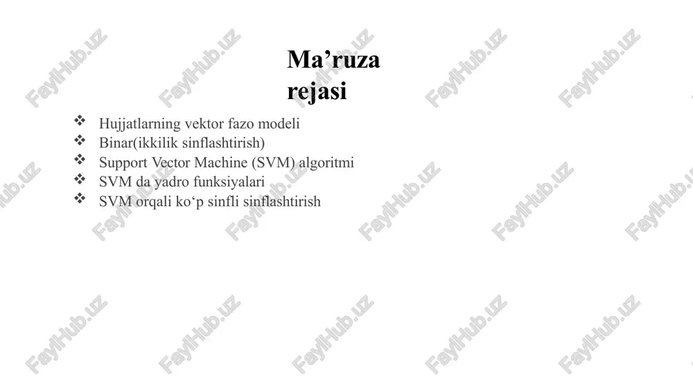 si yaxshi yaxshi !! lekin qaysi birini qoldirish kerak? qiymat +1 qiymat -1 f  chiziqli sinflashtirish x f(x,w,b) = sign(w. x - b) qiymat +1 qiymat -1 maksimum oraliq f x  y f(x,w,b) = sign(w. x - b) eng katta oraliq bu sinflashitishning eng maqbul chegara hisoblanadi bu oddiy chiziqli svm deb qaraladi. qiymat +1 qiymat -1 f x  y f(x,w,b) = sign(w. x - b) support vectors sinflashtirishnig chegara sohasi bo’lib, eng yaqin tanlanmalar uni xarakterlaydi maksimum oraliq eng katta oraliq bu sinflashitishning eng maqbul chegara hisoblanadi bu oddiy chiziqli svm deb qaraladi. qiymat +1 qiymat -1 chiziqli svm matematikasi chizmadan kelib chiqadiki: w . x+ + b = +1 w . x- + b = -1 w . (x+-x-) = 2 x- x+   m  (x  x )  w  2 w w m=oraliq kengligi maqsad: 1) training data dagi barcha …