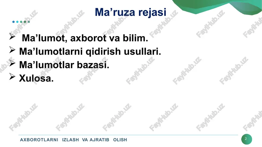 agan ma'lumotlar amalda kam uchraydi. masalan, oddiy matn ma'lumotlari tabiiy tillarga xos bo‘lgan yashirin tuzilishga (sarlavhalar, boblar, bo‘limlar va boshqalar) ega. axborotni qidirish axborotlarni izlash va ajratib olish 12 axborotga bo'lgan ehtiyoj (information need) - foydalanuvchi ko'proq bilishni istagan mavzu. so‘rov - bu foydalanuvchi o‘zining ma’lumotga bo’lgan ehtiyojini ifodalash uchun kompyuterga kiritadigan narsa. agar foydalanuvchi nuqtai nazaridan, uning axborotga bo'lgan ehtiyojini qondiradigan qimmatli ma'lumotlarni o'z ichiga olgan bo'lsa, hujjat, tegishli (relevant) deb nomlanadi. axborotni qidirish axborotlarni izlash va ajratib olish 13 axborotlarni qidirishda kerak bo’ladigan tushunchalar: axborot semantikasini aniqlash; axborot manbalarini izlash; olingan natijalarga asoslanib, qo'shimcha semantikani ajratib olish. qidirish natijalari axborotlarni izlash va ajratib olish 14 internetda ma'lumot qidirishda ikkita komponent muhim ahamiyatga ega: to'liqlik (hech narsa yo'qolmaydi) va aniqlik (ortiqcha narsa topilmaydi). aniqlik(precision). natijalarning qaysi qismi axborotga bo'lgan ehtiyojga mos keladi? to'liqlik (recall). to'plamdagi tegishli hujjatlarning qaysi qismi qidiruv tizimi tomonidan qaytariladi? aytaylik, to‘plamda n ta tegishli hujjat …
