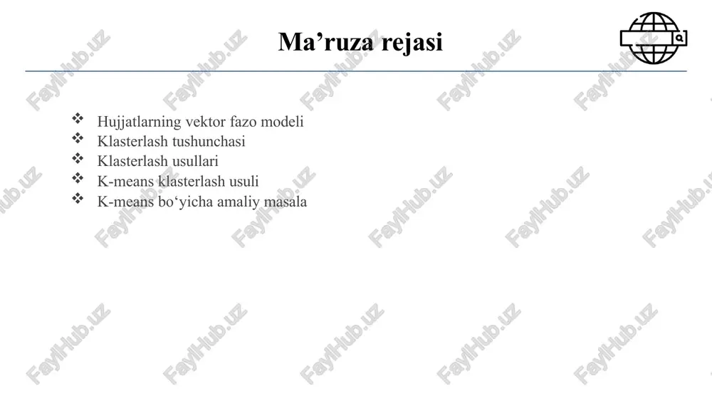 usllari grid-based methods - gridga asoslangan usullar: hierarchical based methods - ierarxiyaga asoslangan usullar: klasterlash usullari aglomerativ ierarxik klasterlash ierarxik klasterlash algoritmining eng keng tarqalgan turi. u ob’ektlarni bir-biriga qanchalik o‘xshashligiga qarab klasterlarda guruhlash uchun ishlatiladi. klasterlash usullari (ierarxik klasterlsh) distribution-based methods - tarqatishga asoslangan klasterlash: fuzzy clustering methods – noaniq klasterlash usullari: klasterlash usullari dbscan (density-based spatial clustering of applications with noise) shovqinli ilovalarning zichlikka asoslangan fazoviy klasterini anglatadi. bu klasterlash usullari (dbscan) gauss aralashmasi modeli (gmm) klasterlash va zichlikni baholash uchun ishlatiladigan ehtimollik modelidir. bu ma'lumotlar har biri alohida klasterni ifodalovchi bir nechta gauss taqsimotlarining aralashmasidan yaratilgan deb taxmin qiladi. klasterlash usullari (gaus aralashmasi modeli) k-means eng taniqli va mashhur klasterlash algoritmi: taxminiy dastlabki klaster markazlari tanlang iteratsiya: har bir misolni eng yaqin markazga belgilang / klasterlang klasterdagi nuqtalarning o‘rtacha qiymati sifatida markazlarni qayta hisoblang k-means: misol k-means uchun 1-centroidni tasodifiy ravishda tanlash 1 k-means uchun qolgan k …