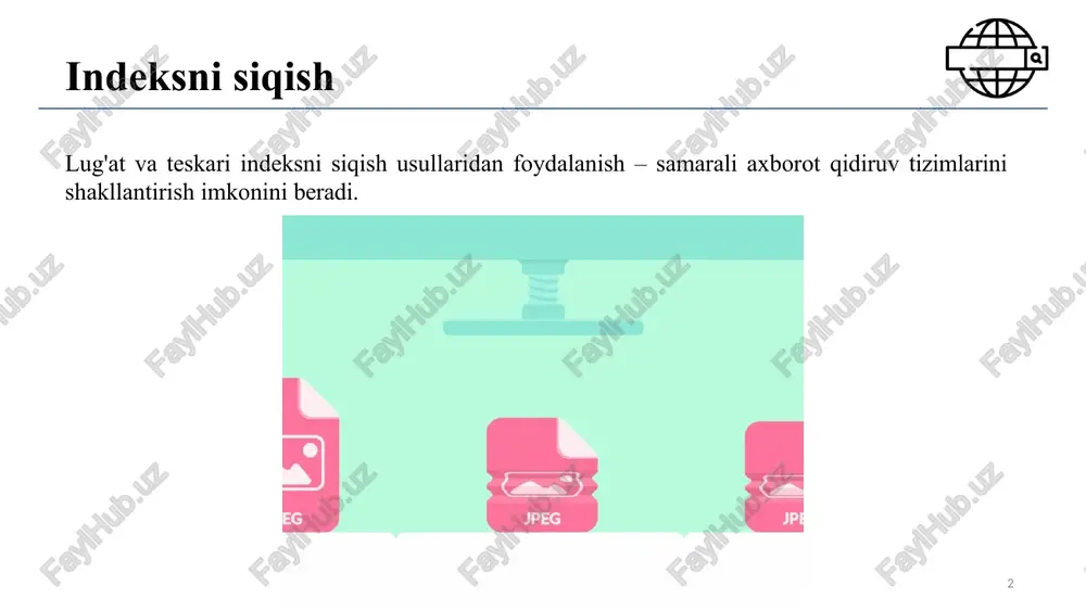 a edi, siqish agar siqishning asosiy algoritmlarining tezligi muhim ahamiyatga ega bo’lmas edi. ammo keshlashdan foydalanishni yaxshilash va diskdan xotiraga tezroq ma’lumotlarni o'tkazish uchun unziplash tezligi yuqori bo'lishi kerakdir. shuning uchun qidiruv tizimlarida (information retrieval - ir) siqish algoritmlari yuqori samarali tezkorlikga ega bo’lishlari zarur. 8 siqish usullari ma’lumotlarni siqish usullari yo‘qotishsiz (lossless compression), ya’ni barcha ma'lumotlar saqlanib qoladi va yuqori darajada siqish imkonini beruvchi yo‘qotilishli siqilish (lossy compression) bilan erishish mumkin. bu esa ba’zi ma’lumotlarni o’chirib tashlaydi. 9 turlicha atamalar soni (m) lug'atni siqish usullarini joriy etishda to'plamdagi turlicha atamalar sonini (m) aniqlash muhim. ba’zida, barcha tillarning ma’lum hajmdagi so’z boyligi mavjudligi takidlanadi. misol uchun, oxford english dictionary (oed) ikkinchi nashrida 600 000 dan ortiq so'zlarni o'z ichiga oladi. ammo ko'pgina yirik to'plamlarning lug'at hajmi oedga qaraganda ancha katta. oed ko'pgina insonlarning nomlarini, joylar nomini, mahsulotlarni yoki ilmiy atamalarni o'z ichiga olmaydi. ushbu nomlarni esa teskari indeksga kiritilishi kerak, …