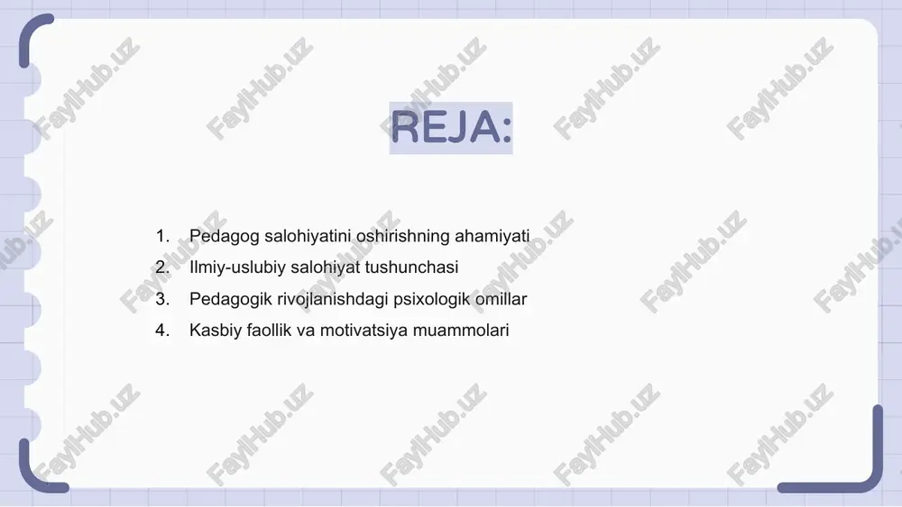 ojlantirishda kasbiy motivatsiya muhim rol o'ynaydi, ammo bu jarayonda bir qancha psixologik to'siqlar mavjud. kasbiy faollikni oshirish uchun pedagog o'z ichki ehtiyojlarini anglab yetishi, o'ziga ishonchini kuchaytirishi va ijtimoiy qo'llab-quvvatlashga tayanishi zarur. pedagoglarning motivatsion muammolari ularning stressga chidamliligi, professional charchoq va o'zini anglash darajasi bilan bevosita bog'liq bo'lishi mumkin. o‘quv-uslubiy ishlarni rejalashtirishdagi muammolar pedagogning ilmiy-uslubiy salohiyatini oshirishda psixologik omillar muhim ahamiyat kasb etadi. stress, ishonchsizlik va motivatsiyaning pasayishi taraqqiyotga to‘sqinlik qiladi. o‘quv-uslubiy ishlarni rejalashtirish jarayonida pedagoglar ko‘pincha aniq maqsad va strategiya etishmasligi sababli qiyinchiliklarga duch kelishadi. yangi metodikalarning tatbiqi va integratsiyasi psixologik jihatdan moslashuvni talab etadi, bu esa o‘qituvchining rivojlanishini sekinlashtirishi mumkin. stress va emotsional charchoqqa qarshi choralar pedagoglarning ilmiy-uslubiy salohiyatini oshirishda psixologik holat muhimdir. stress darajasi yuqori bo‘lsa, faoliyat sifati susayadi va ijobiy natija bermaydi. emotsional charchoq pedagog faoliyatida samaradorlikka ta’sir qiladi. ruhiy salomatlikni saqlash uchun dam olish, sport va meditatsiya muhim hisoblanadi. ichki motivatsiya va ijobiy muhit orqali …