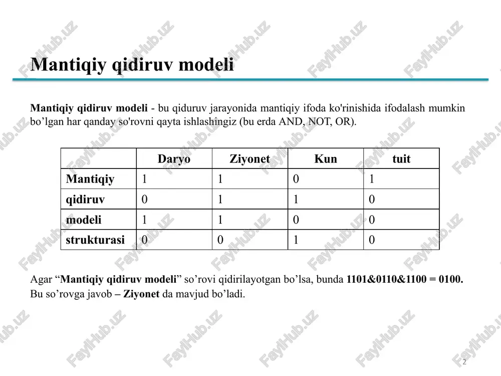 odatda ildiz so'z oxirida qo'llaniladi. ish* [ “rang”, “rangli”, “ish”, “ishchi”, “ishlagan”, … ] [ “ish”, “ishchi”, “ishlagan” ] 7 the question mark (?) belgisi so’roq (?) belgisi – so'zning istalgan joyida bitta belgini ifodalash uchun ishlatiladi. bu so'zning o'zgaruvchan imlolari mavjud bo'lganda va bir vaqtning o'zida barcha variantlarni qidirishda foydali hisoblanadi. ra?g [ “rang”, “rangli”, “ish”, “ishchi”, “ishlagan”, … ] [“rang”, “rangli”] 8 umumiy joker so'rovlari vaqtinchalik indekslar (permuterm indexes) – bu $ - maxsus belgini termni oxirini bildirish uchun so’zning bir nechta variantini qidirish uchun foydalaniladi. vaqtinchalik belgilariga ega bo'lgan termlar to'plami vaqtinchalik lug'at (permuterm vocabulary) deb ataladi. 9 so'rovni qayta ishlash 10 ayni paytda biz lug'atdagi joker so'rovga mos keladigan barcha atamalarni sanab o'tamiz. masalan, so'rovni ko'rib chiqish: se*ate and fil*er ! bu ko'plab mantiqiy va so'rovlarning bajarilishiga olib kelishi mumkin. sec. 3.2 b-daraxtlar so'rov term ining oxirida * ni ishlatadi 11 so'rov muddati o'rtasida * ni …